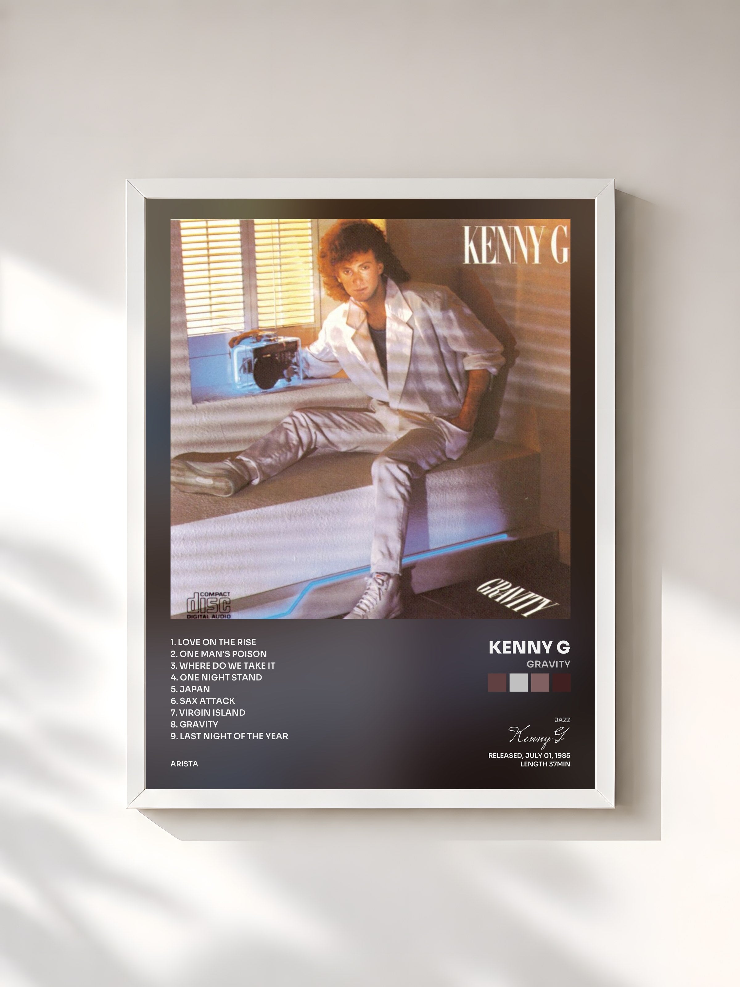 #blanc Tableau de l'album Gravity de Kenny G, cadre blanc, imprimé et encadré en France