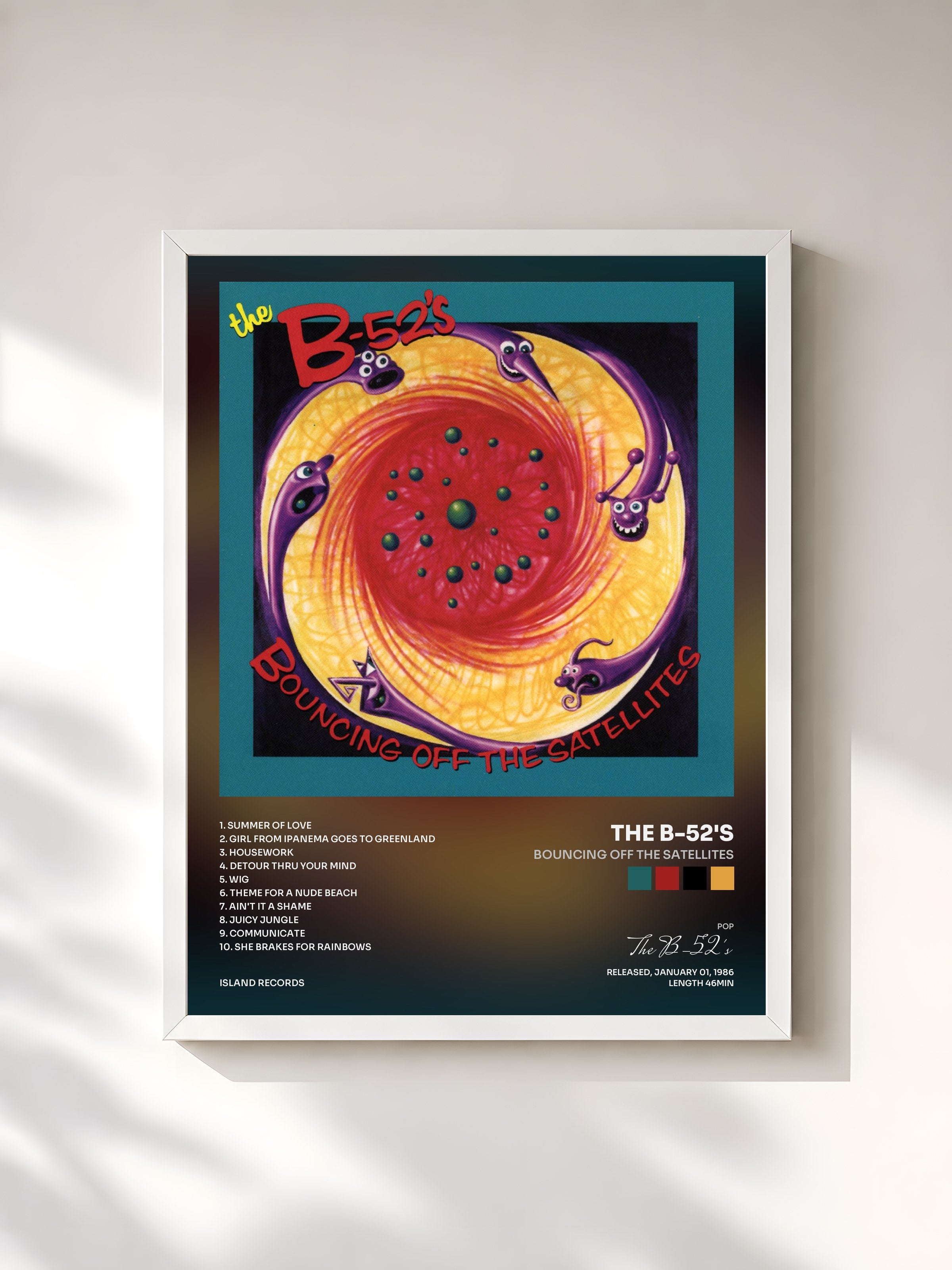 #blanc Tableau de l'album Bouncing Off The Satellites de The B-52's, cadre blanc, imprimé et encadré en France
