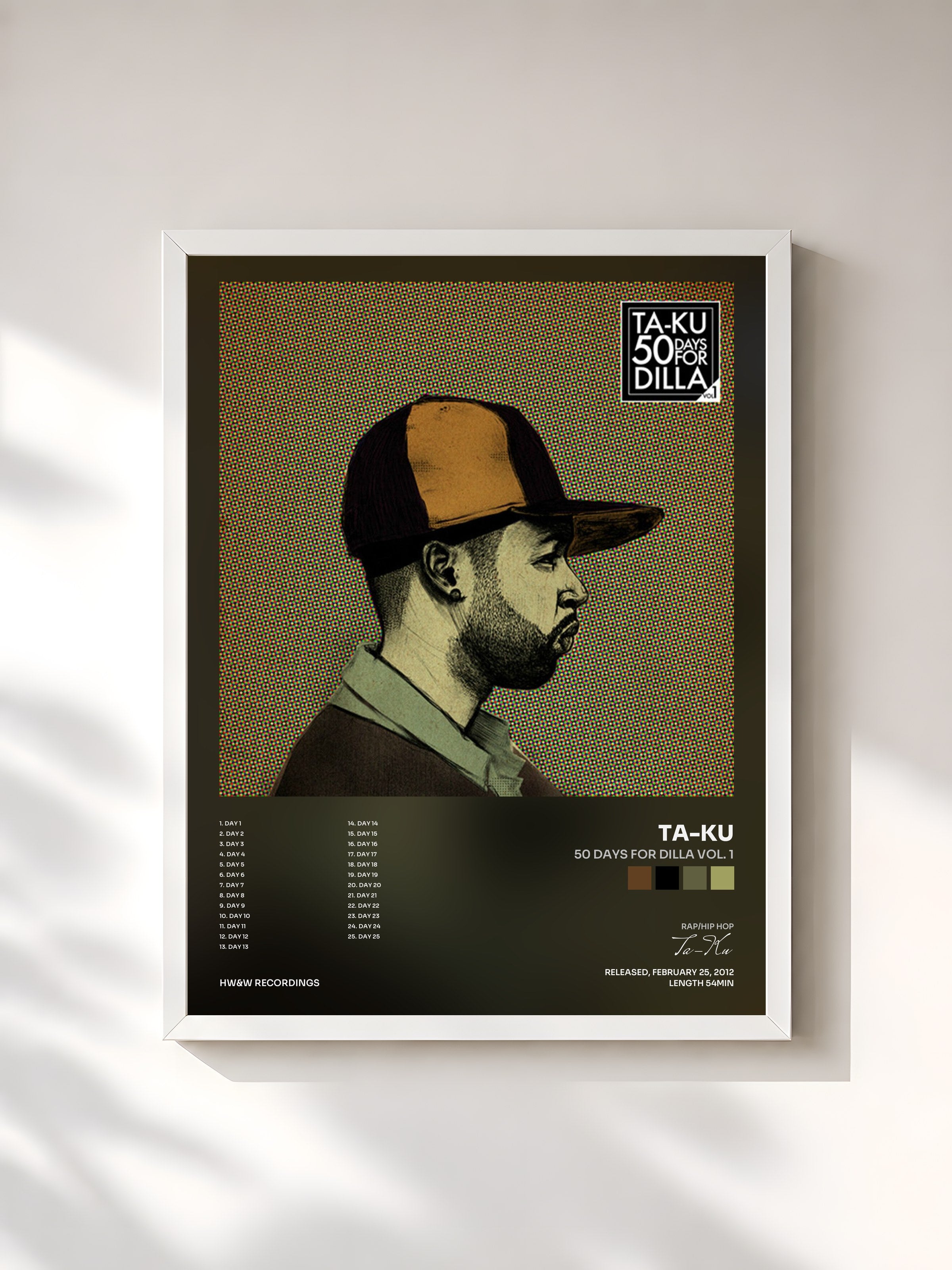 #blanc Tableau de l'album 50 Days For Dilla Vol. 1 de Ta-Ku, cadre blanc, imprimé et encadré en France