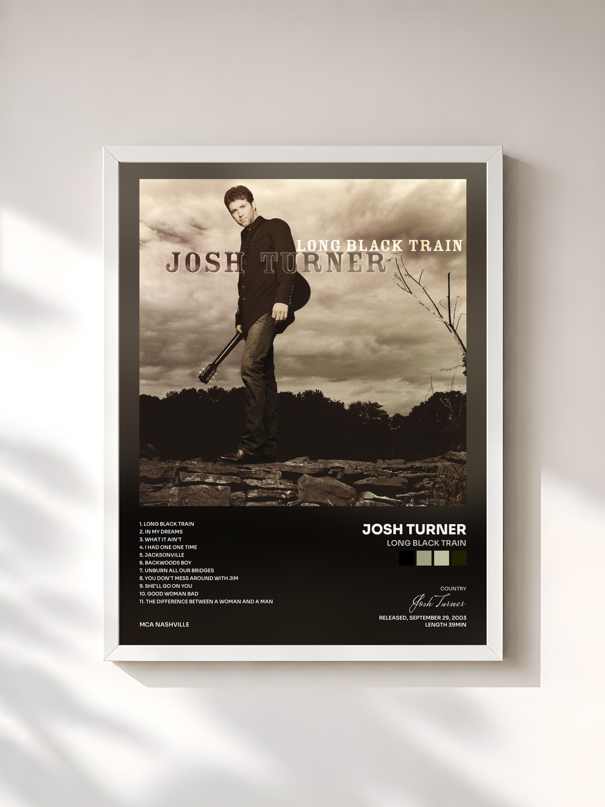 #blanc Tableau de l'album Long Black Train de Josh Turner, cadre blanc, imprimé et encadré en France