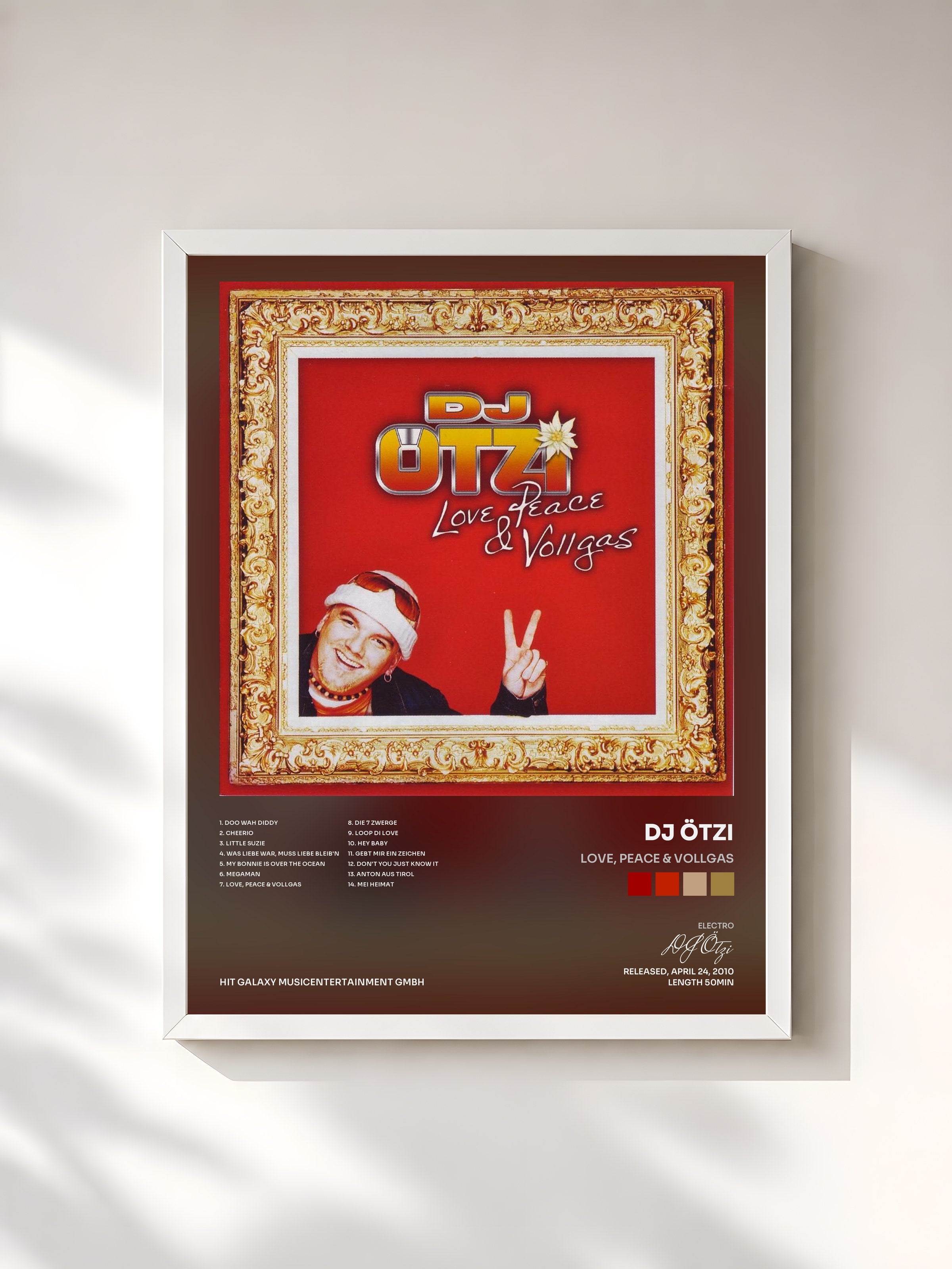 #blanc Tableau de l'album Love, Peace & Vollgas de DJ Ötzi, cadre blanc, imprimé et encadré en France