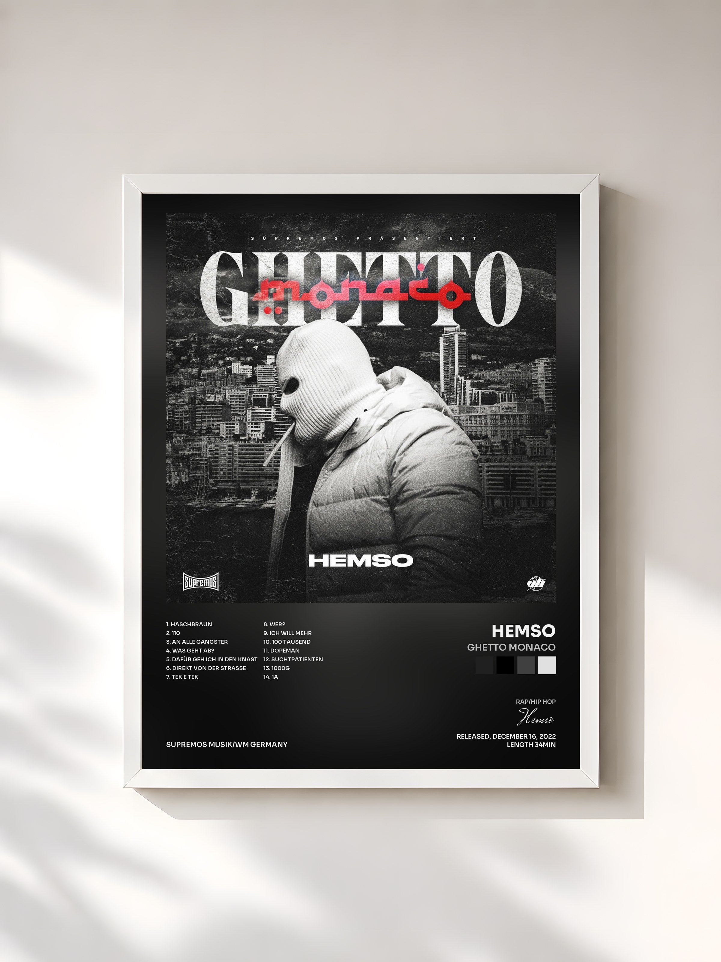 #blanc Tableau de l'album Ghetto Monaco de Hemso, cadre blanc, imprimé et encadré en France