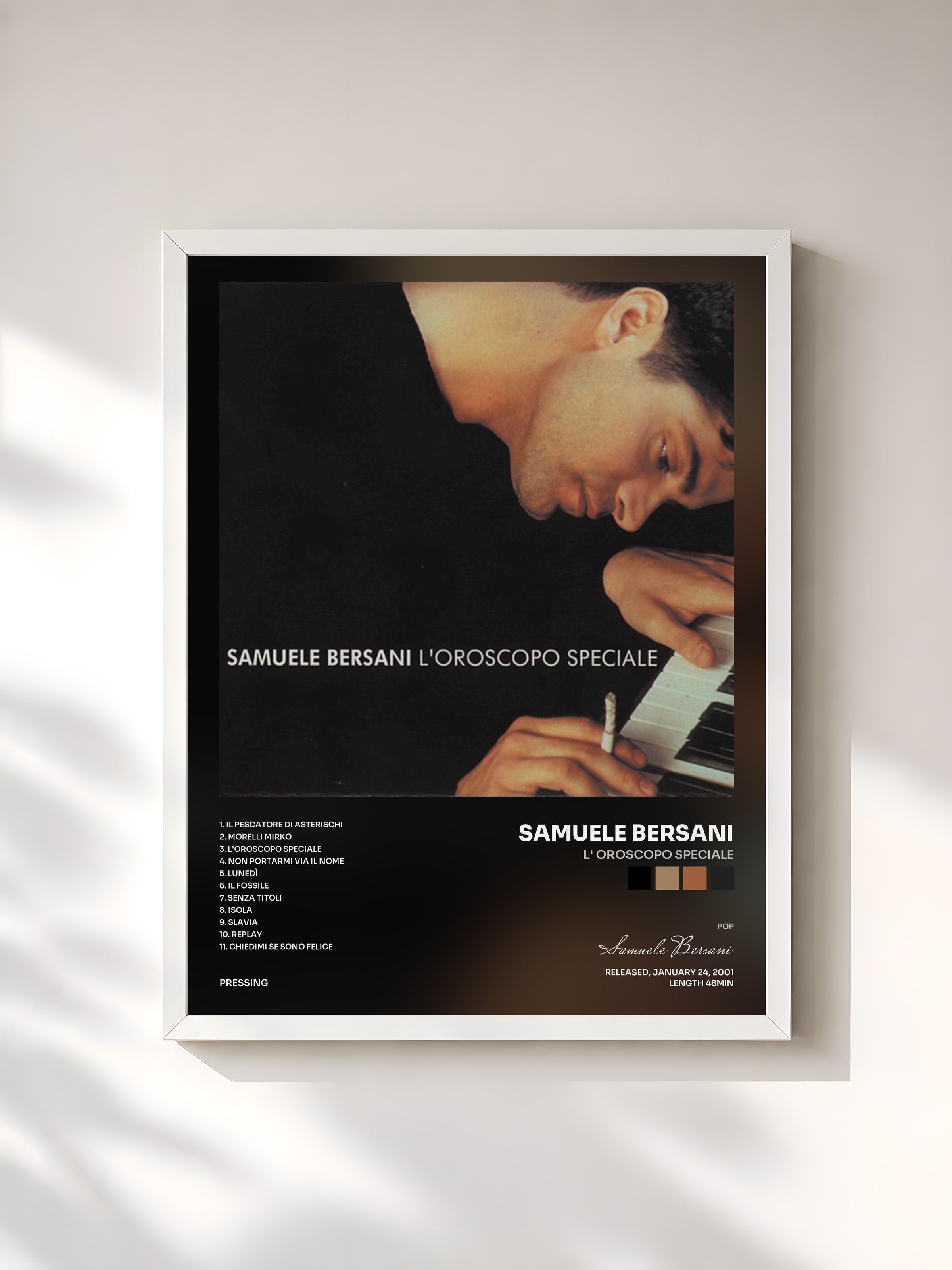 #blanc Tableau de l'album L' Oroscopo Speciale de Samuele Bersani, cadre blanc, imprimé et encadré en France