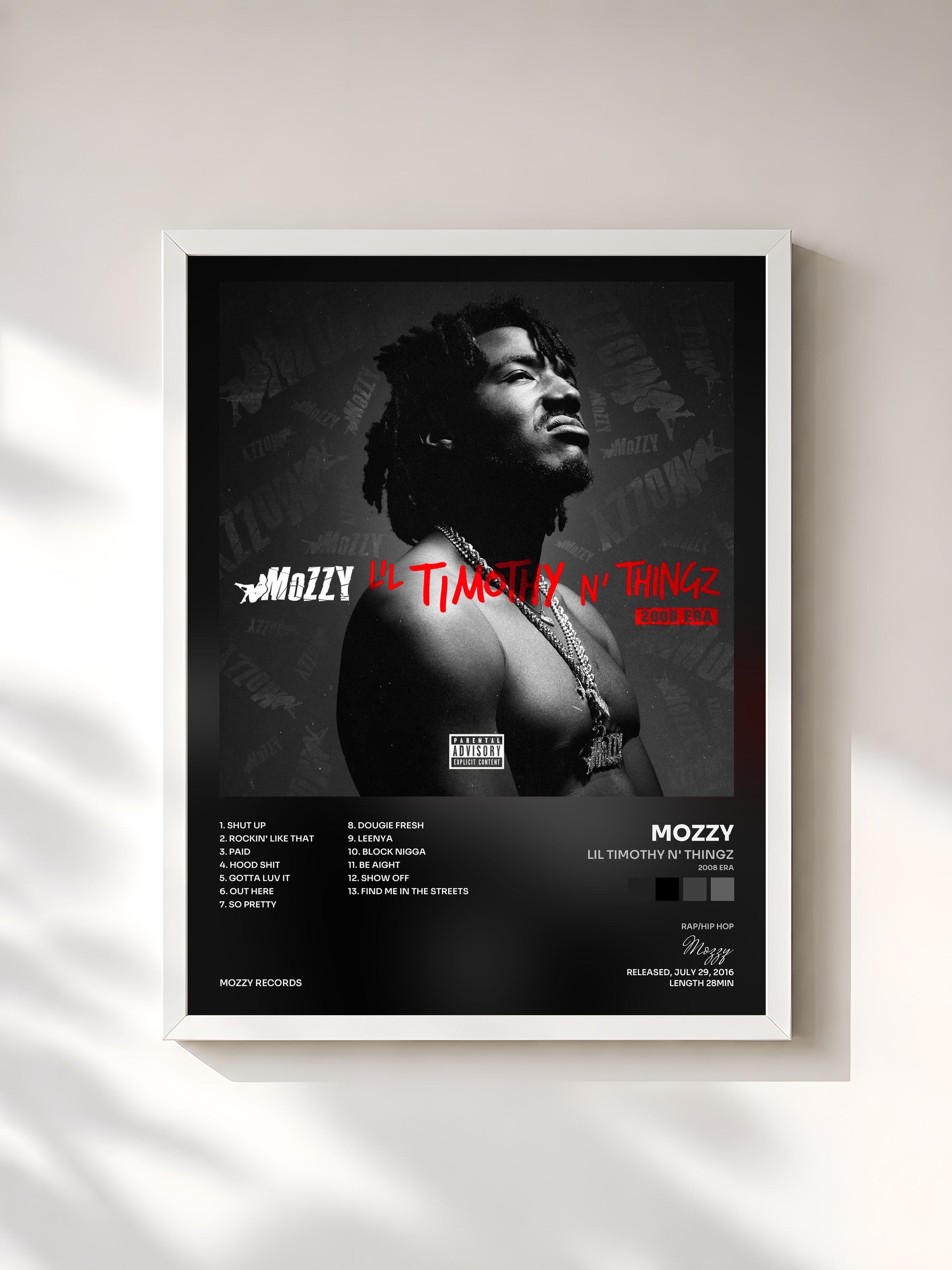 #blanc Tableau de l'album Lil Timothy n' Thingz (2008 Era) de Mozzy, cadre blanc, imprimé et encadré en France