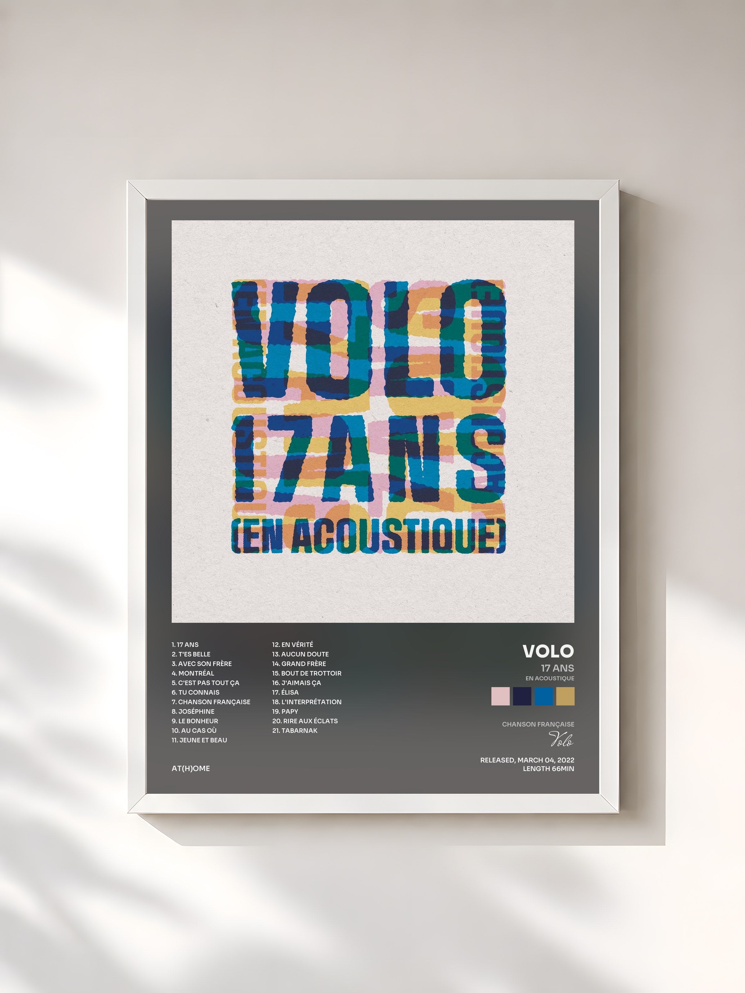 #blanc Tableau de l'album 17 ans (en acoustique) de Volo, cadre blanc, imprimé et encadré en France