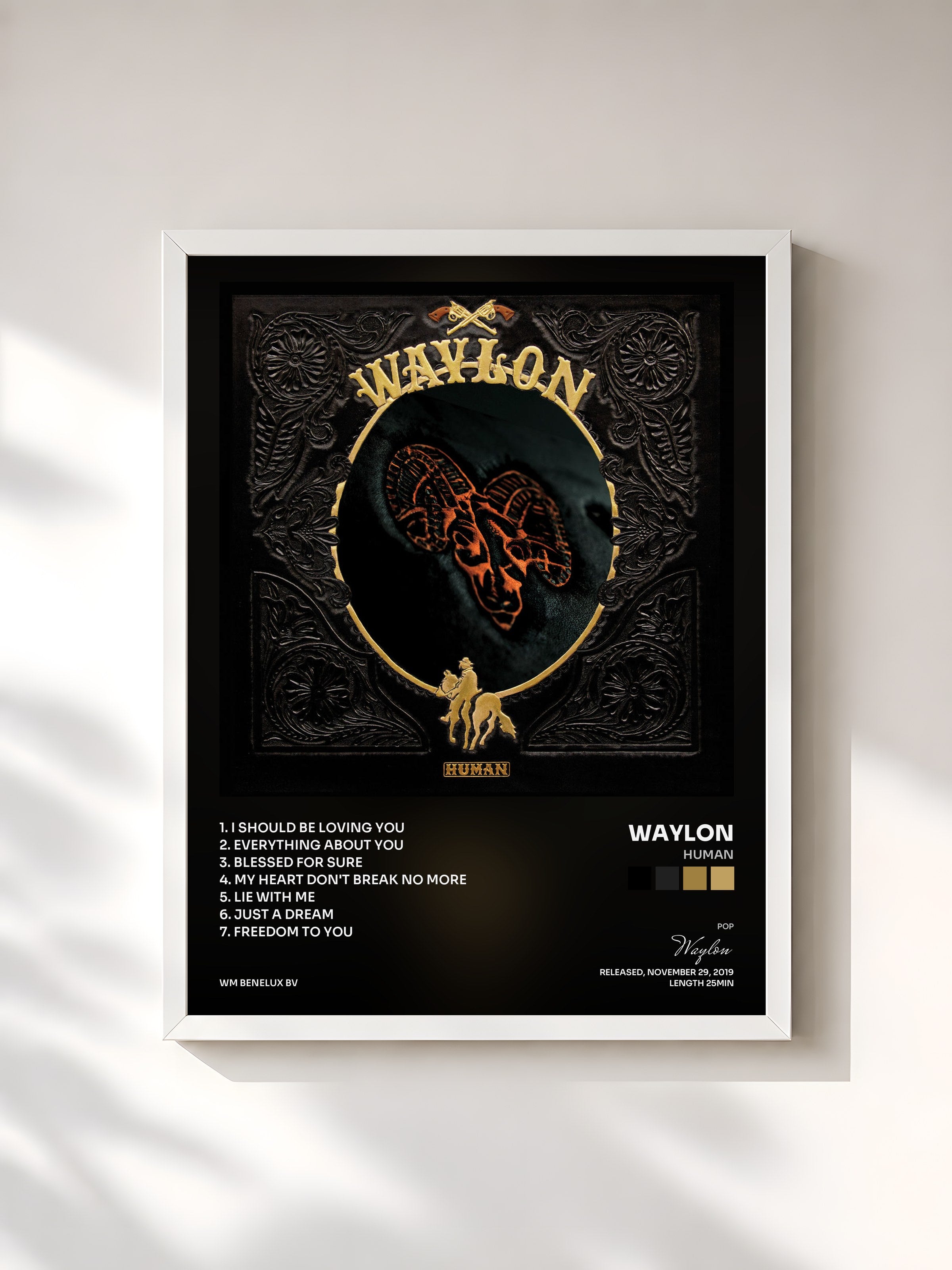 #blanc Tableau de l'album Human de Waylon, cadre blanc, imprimé et encadré en France