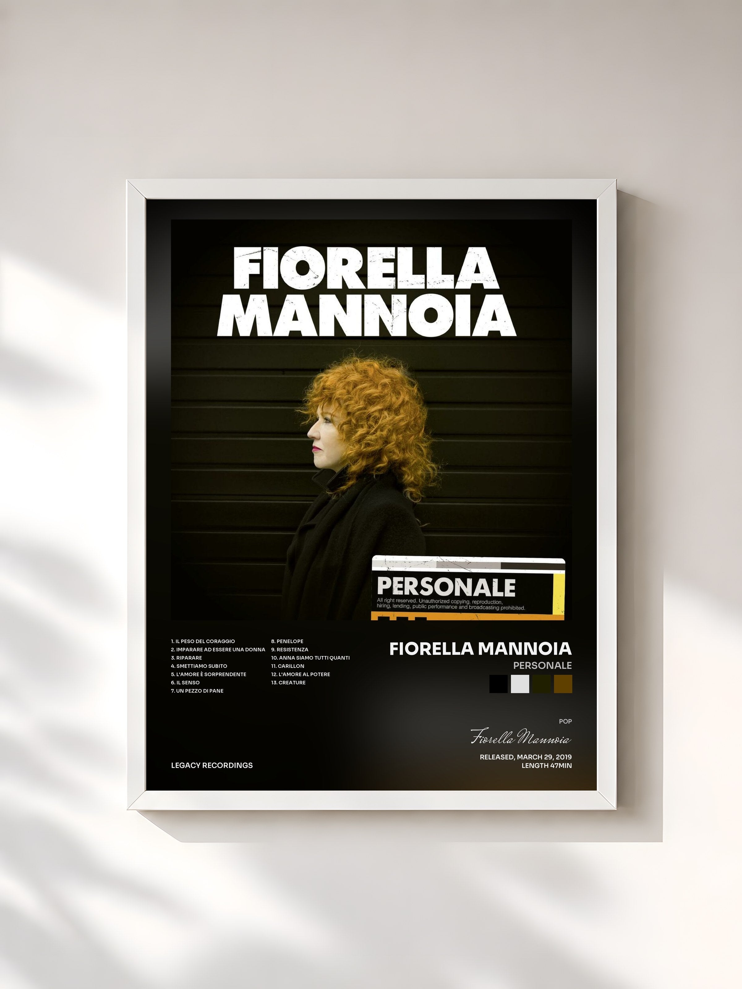 #blanc Tableau de l'album Personale de Fiorella Mannoia, cadre blanc, imprimé et encadré en France