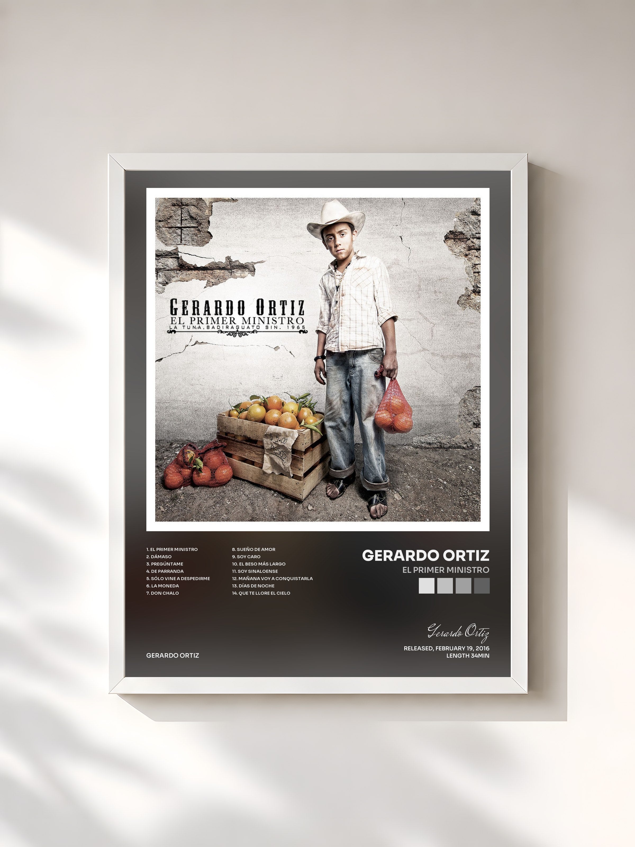 #blanc Tableau de l'album El Primer Ministro de Gerardo Ortiz, cadre blanc, imprimé et encadré en France
