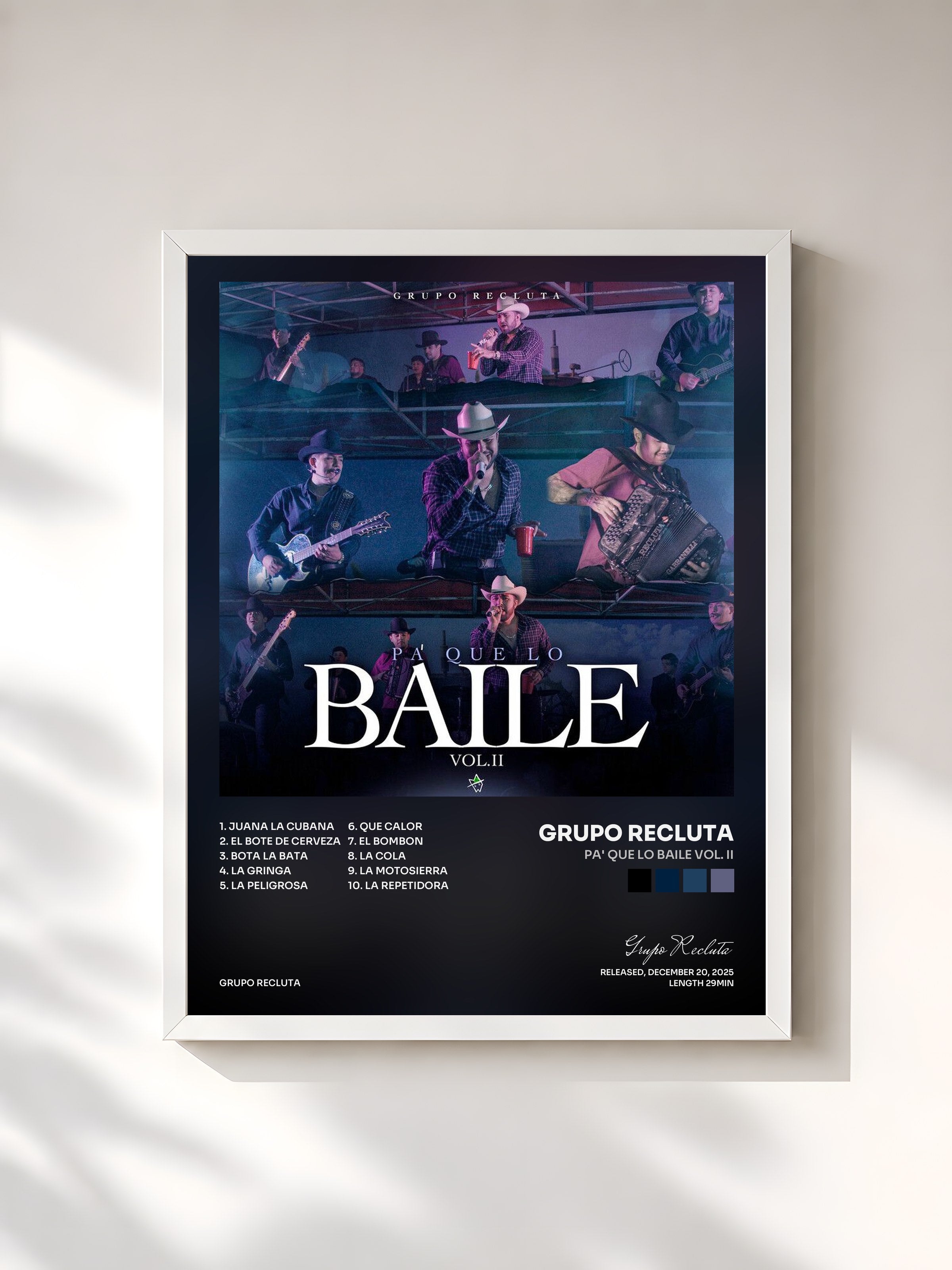 #blanc Tableau de l'album Pa' Que Lo Baile Vol. II de Grupo Recluta, cadre blanc, imprimé et encadré en France