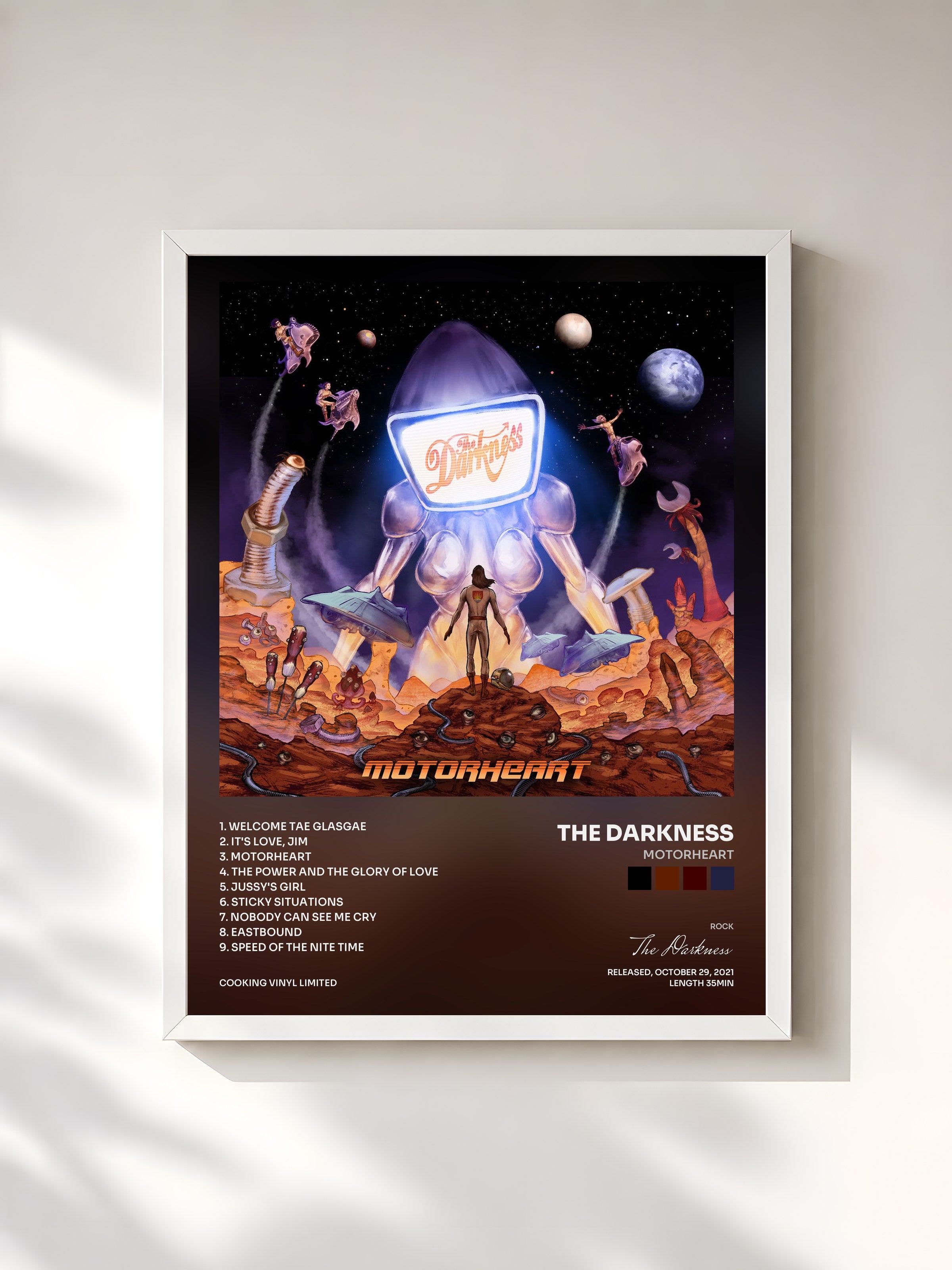 #blanc Tableau de l'album Motorheart de The Darkness, cadre blanc, imprimé et encadré en France