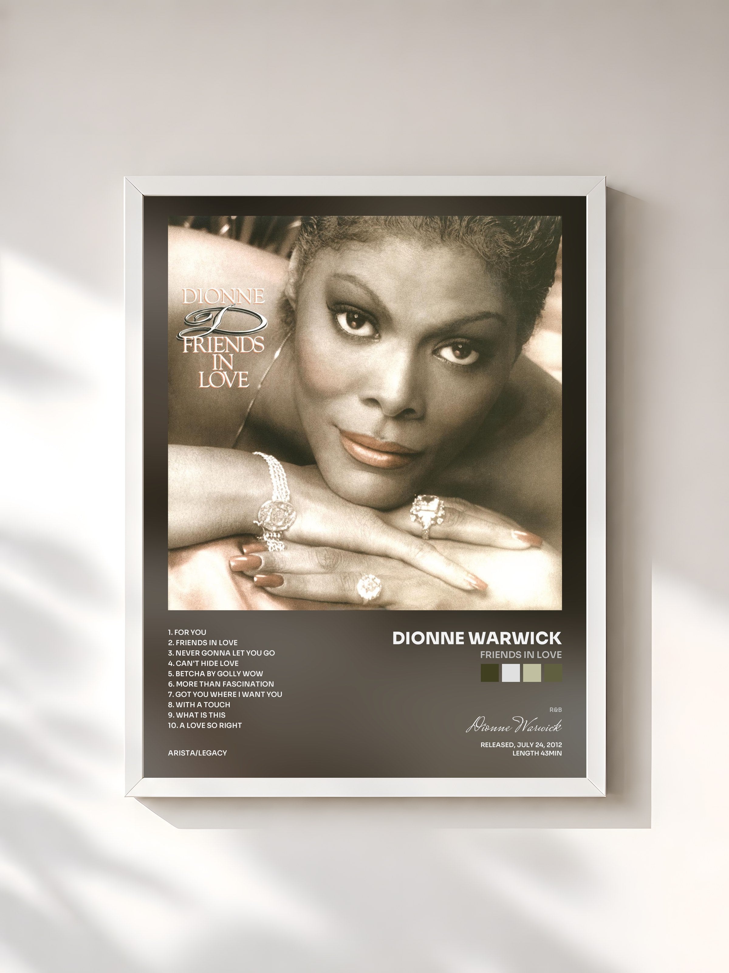 #blanc Tableau de l'album Friends In Love de Dionne Warwick, cadre blanc, imprimé et encadré en France