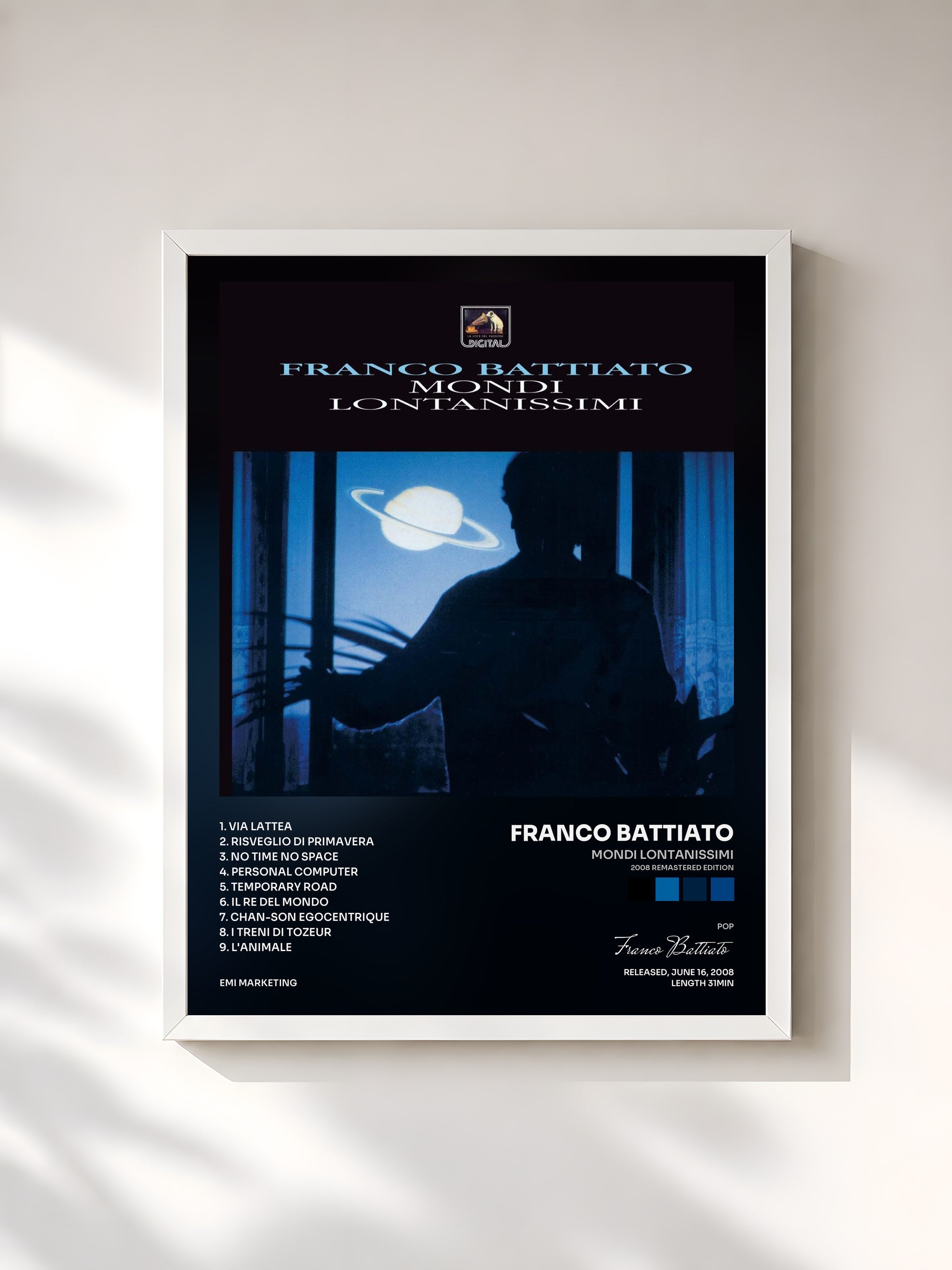 #blanc Tableau de l'album Mondi Lontanissimi (2008 Remastered Edition) de Franco Battiato, cadre blanc, imprimé et encadré en France