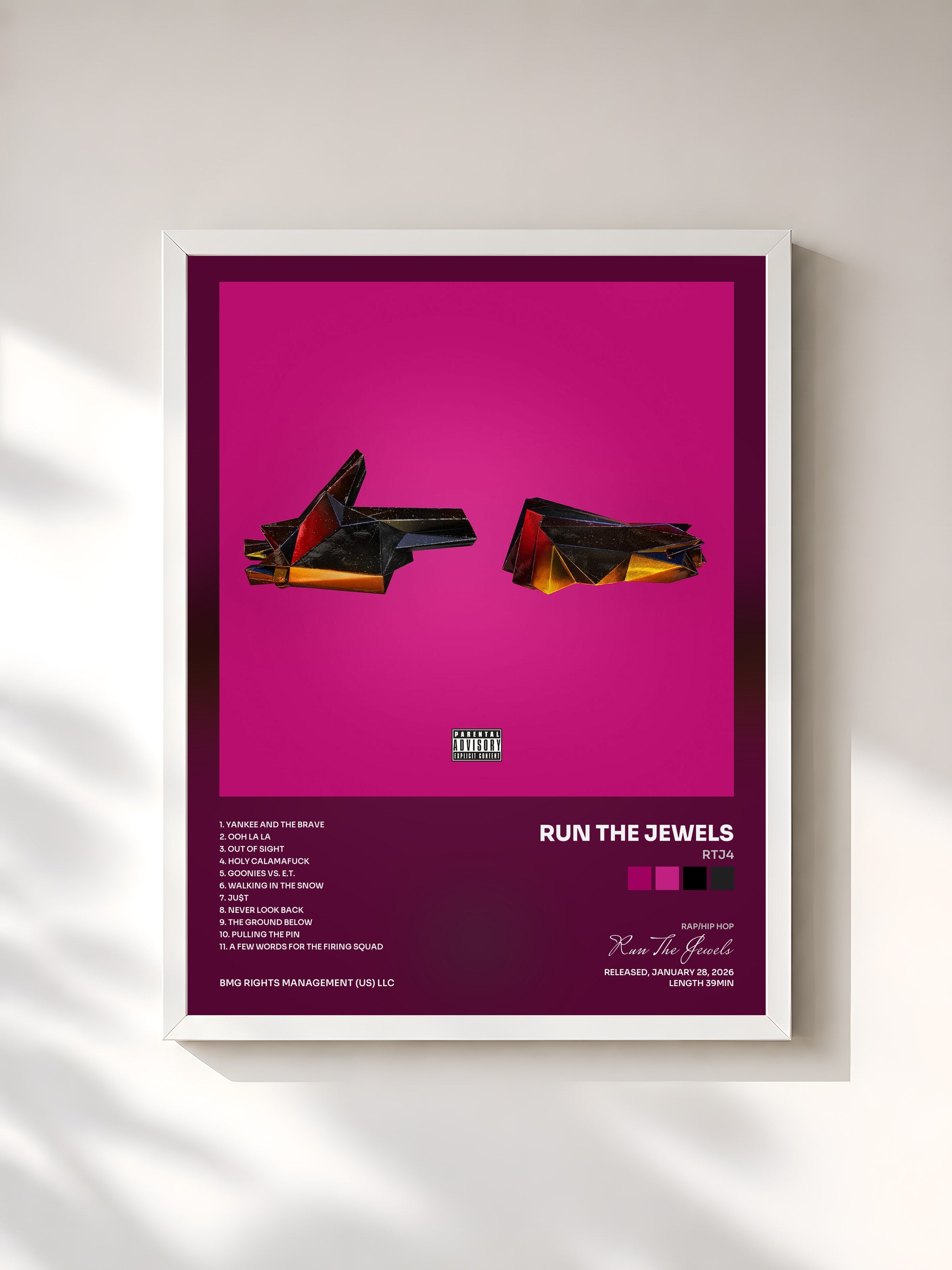 #blanc Tableau de l'album RTJ4 de Run The Jewels, cadre blanc, imprimé et encadré en France