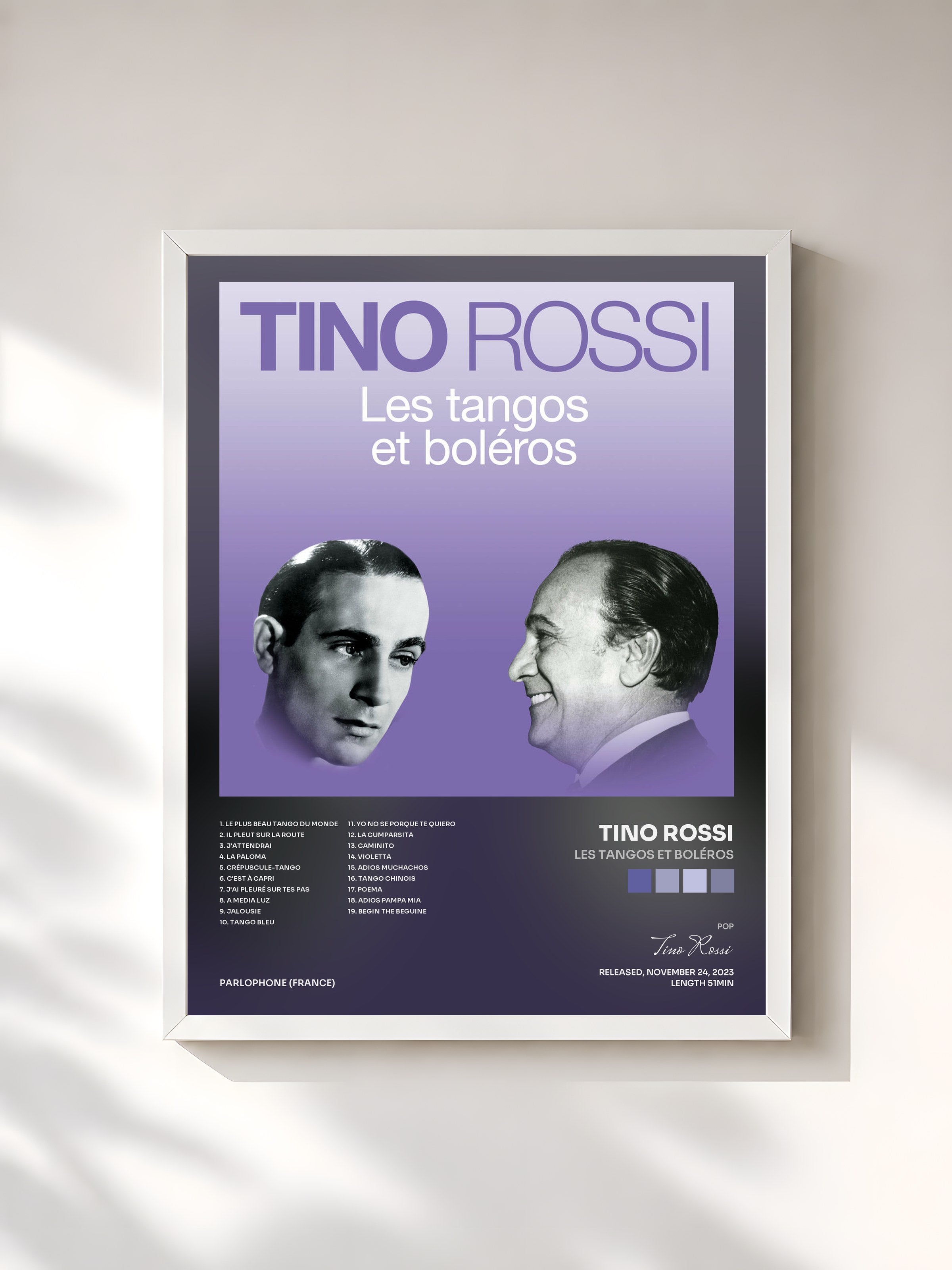 #blanc Tableau de l'album Les tangos et boléros de Tino Rossi, cadre blanc, imprimé et encadré en France