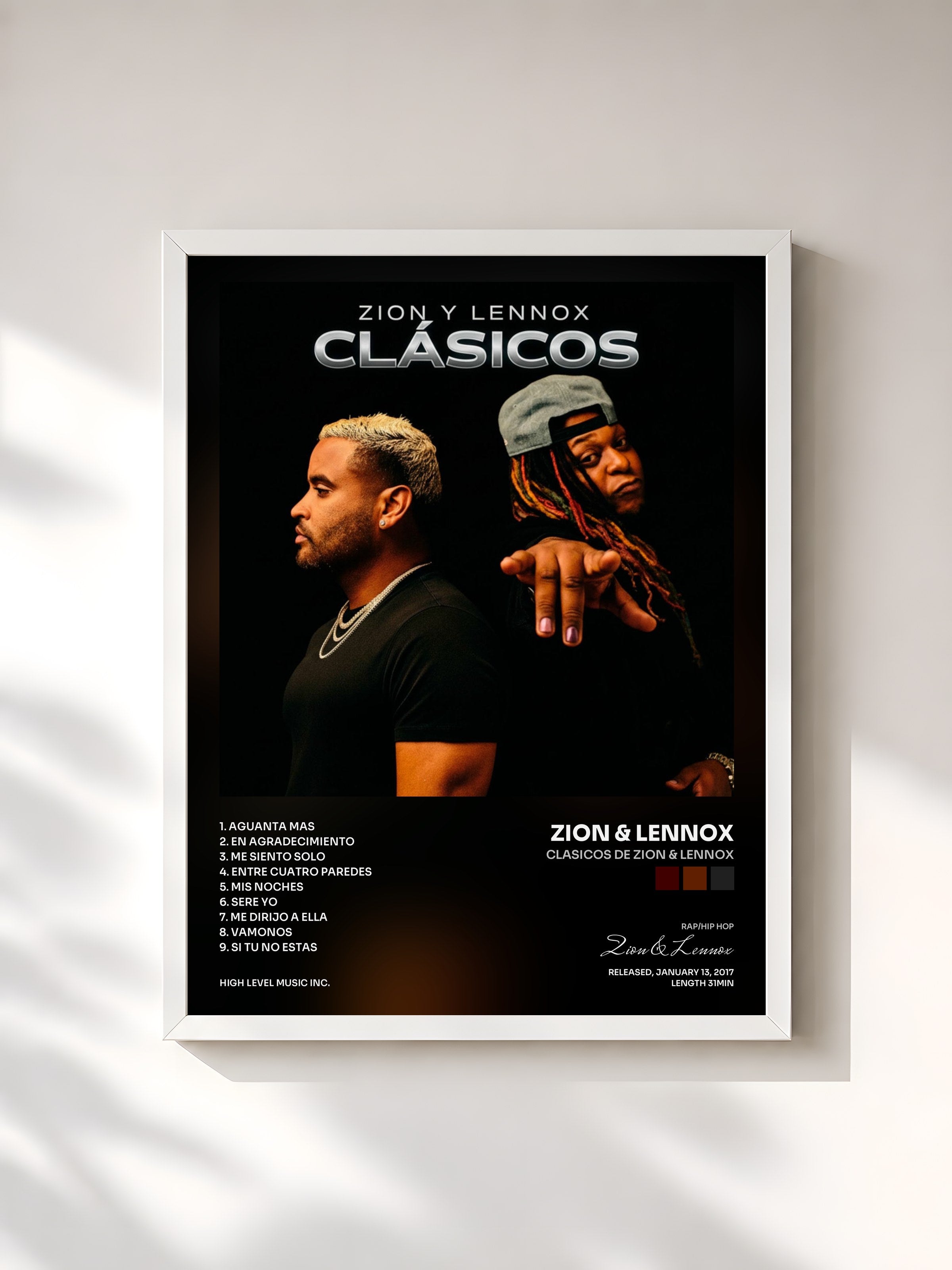 #blanc Tableau de l'album Clasicos de Zion & Lennox de Zion & Lennox, cadre blanc, imprimé et encadré en France