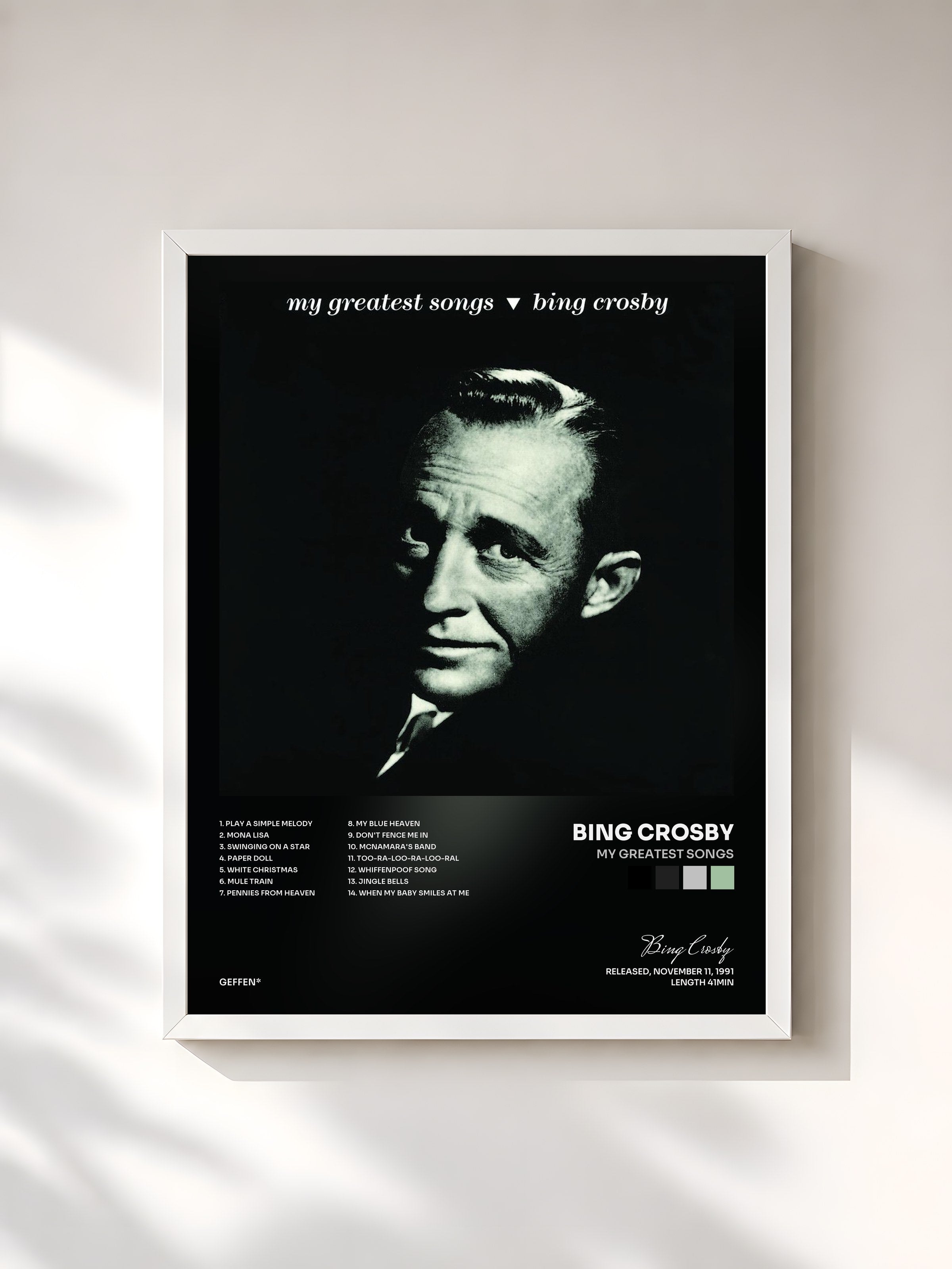 #blanc Tableau de l'album My Greatest Songs de Bing Crosby, cadre blanc, imprimé et encadré en France