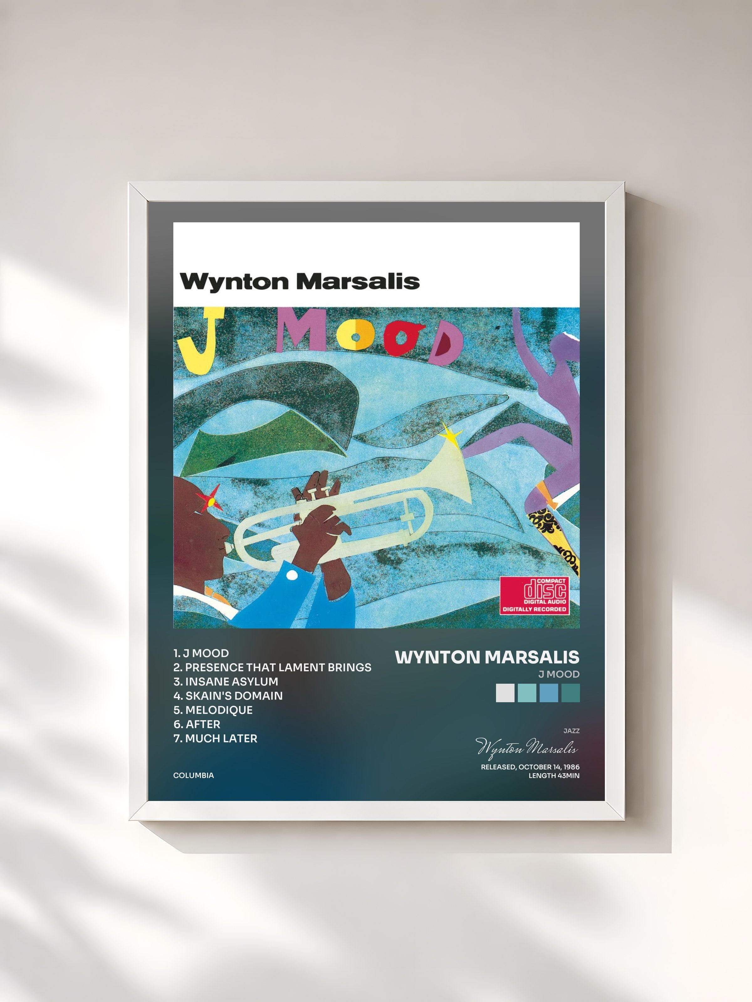 #blanc Tableau de l'album J Mood de Wynton Marsalis, cadre blanc, imprimé et encadré en France