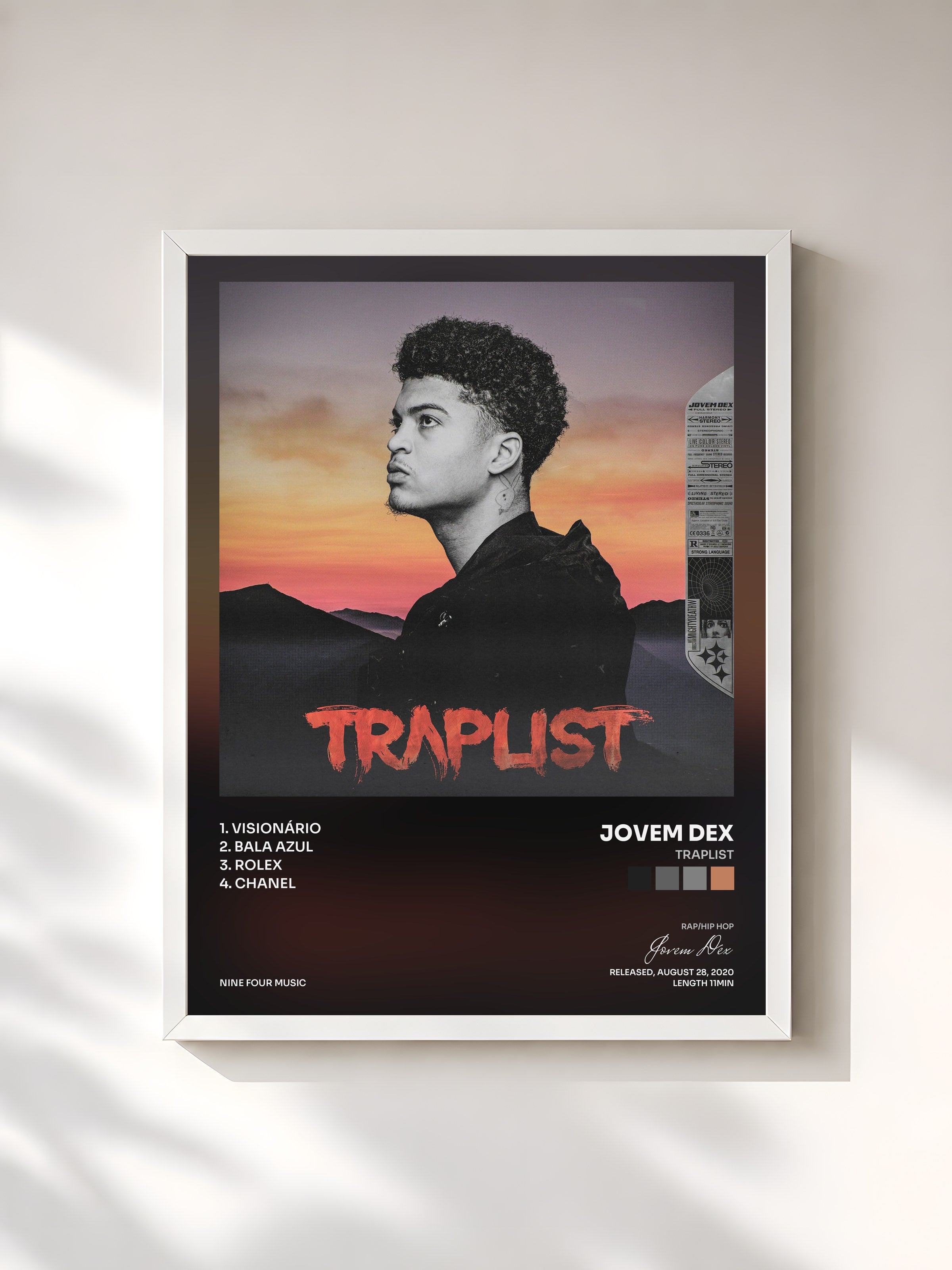 #blanc Tableau de l'album Traplist de Jovem Dex, cadre blanc, imprimé et encadré en France