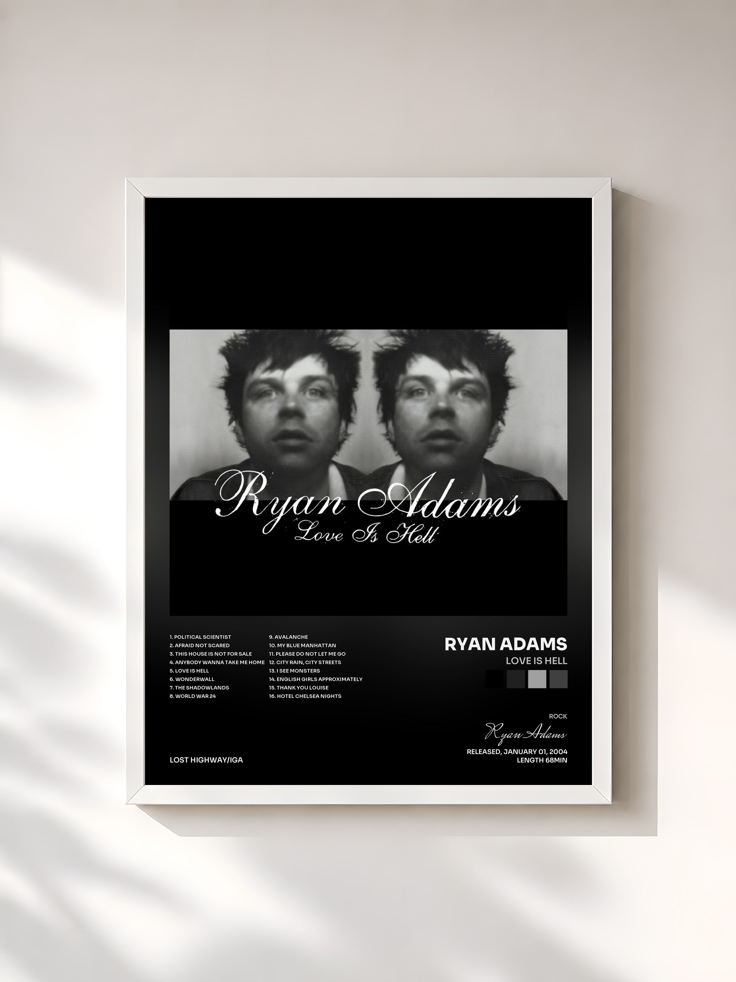 #blanc Tableau de l'album Love Is Hell de Ryan Adams, cadre blanc, imprimé et encadré en France