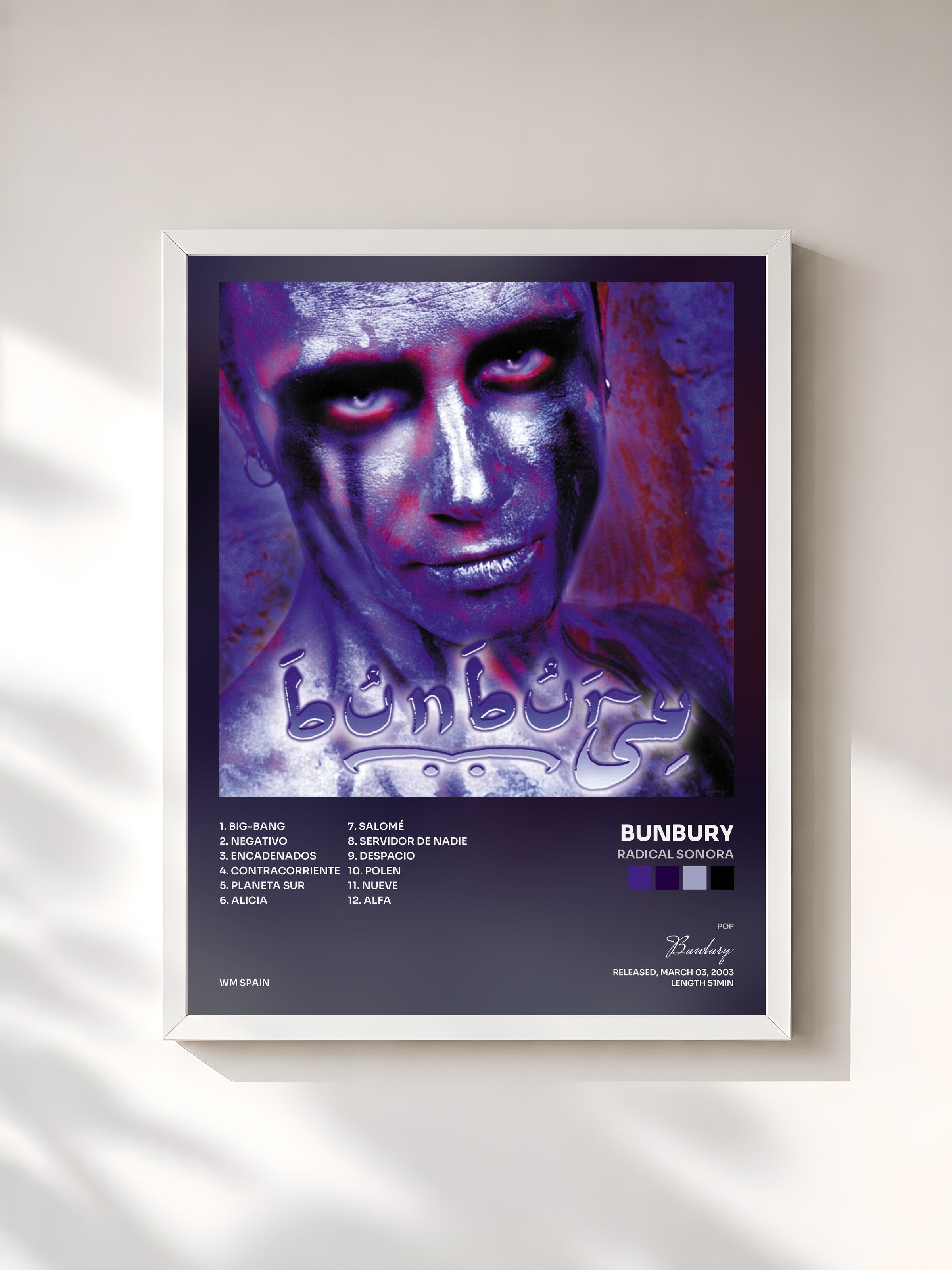 #blanc Tableau de l'album Radical Sonora de Bunbury, cadre blanc, imprimé et encadré en France