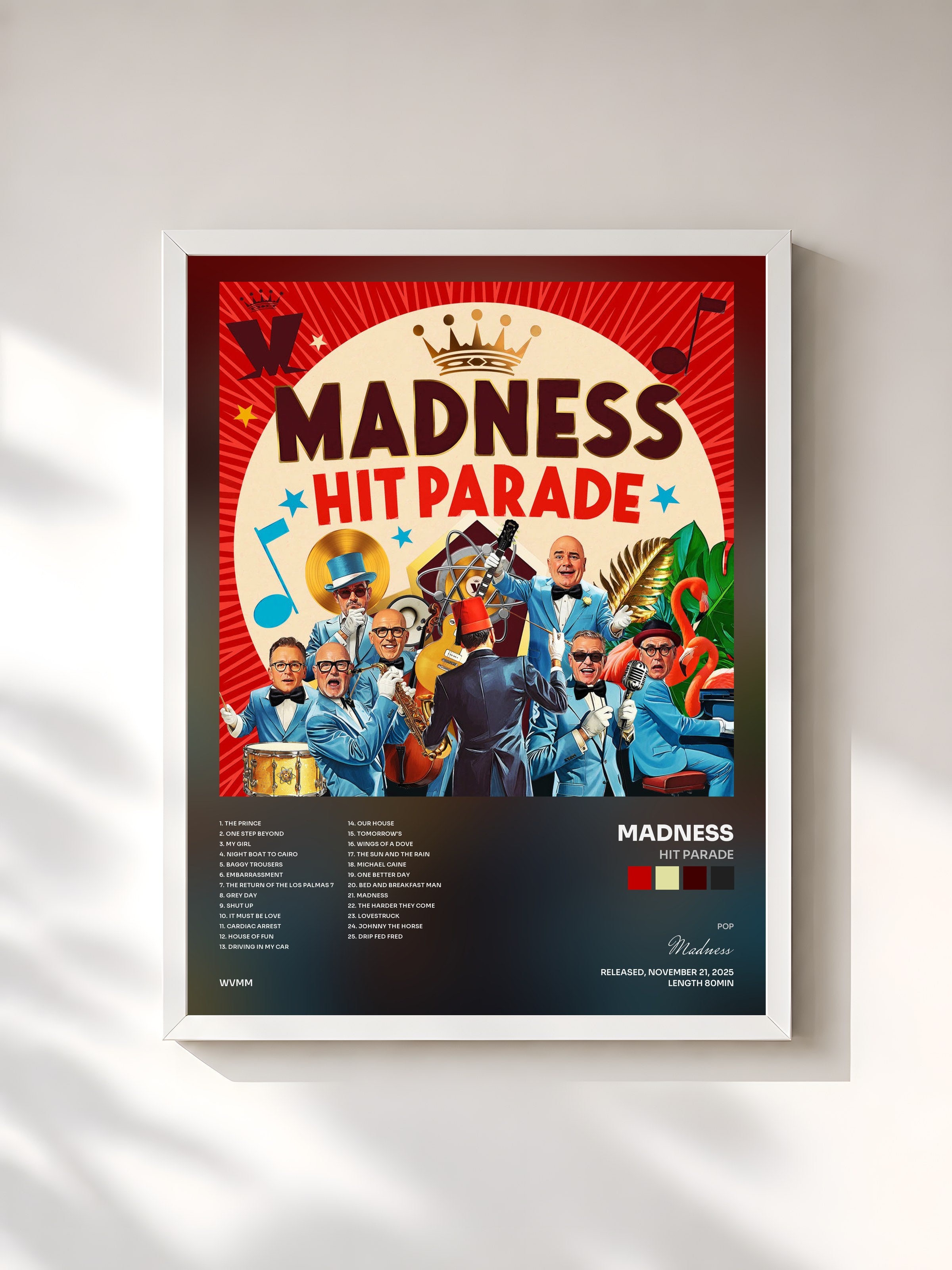 #blanc Tableau de l'album Hit Parade de Madness, cadre blanc, imprimé et encadré en France