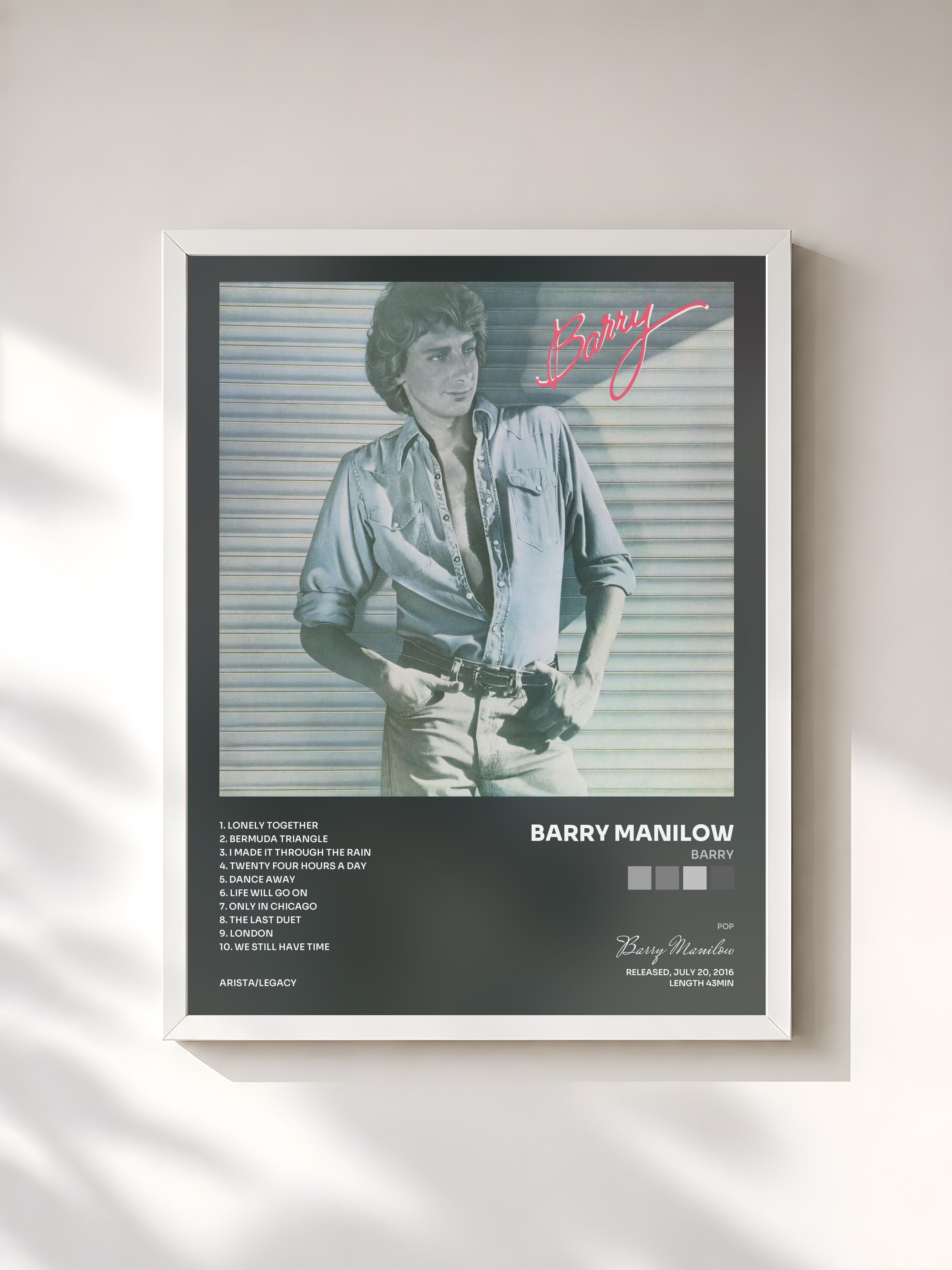 #blanc Tableau de l'album Barry de Barry Manilow, cadre blanc, imprimé et encadré en France