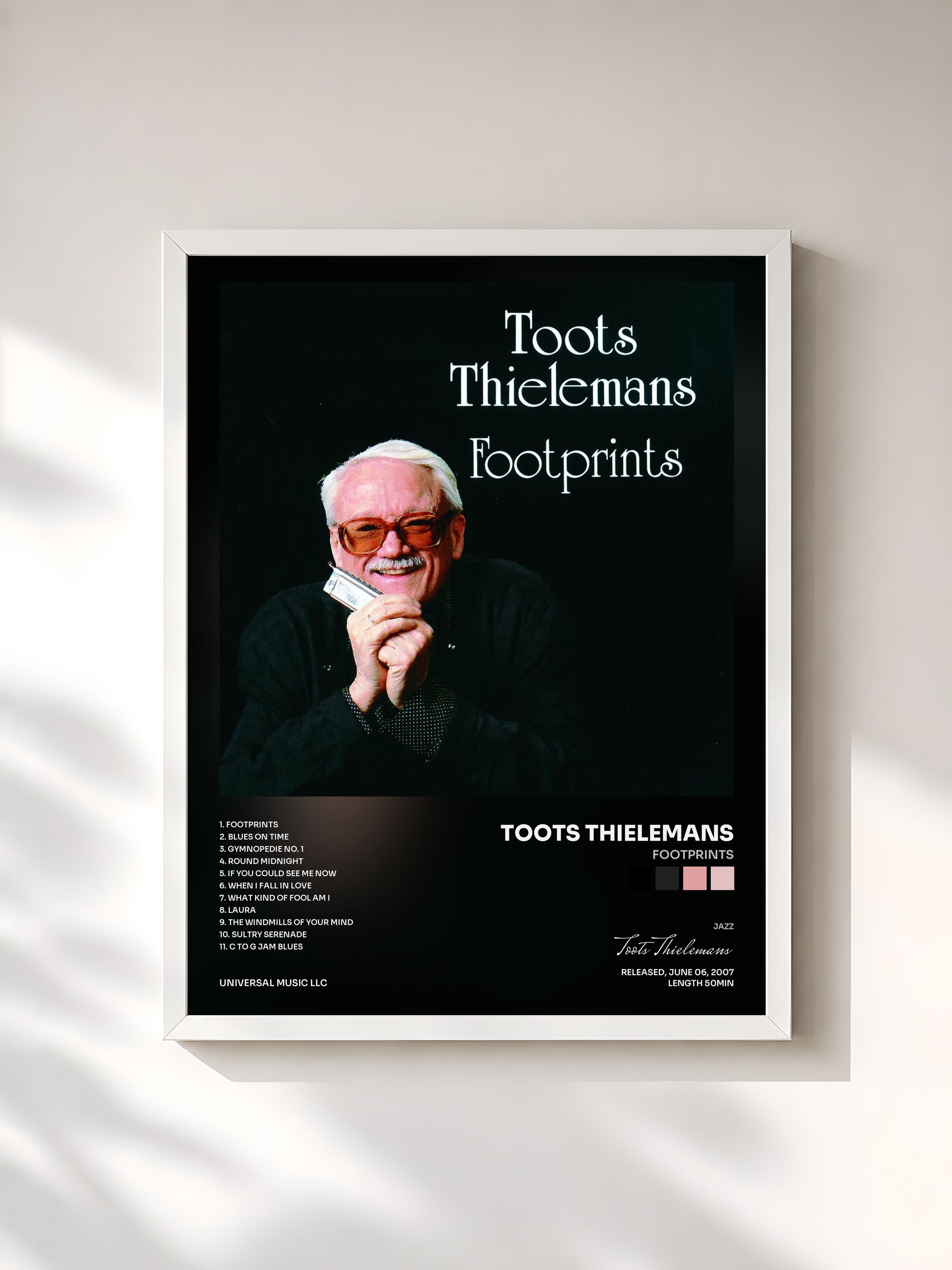 #blanc Tableau de l'album Footprints de Toots Thielemans, cadre blanc, imprimé et encadré en France