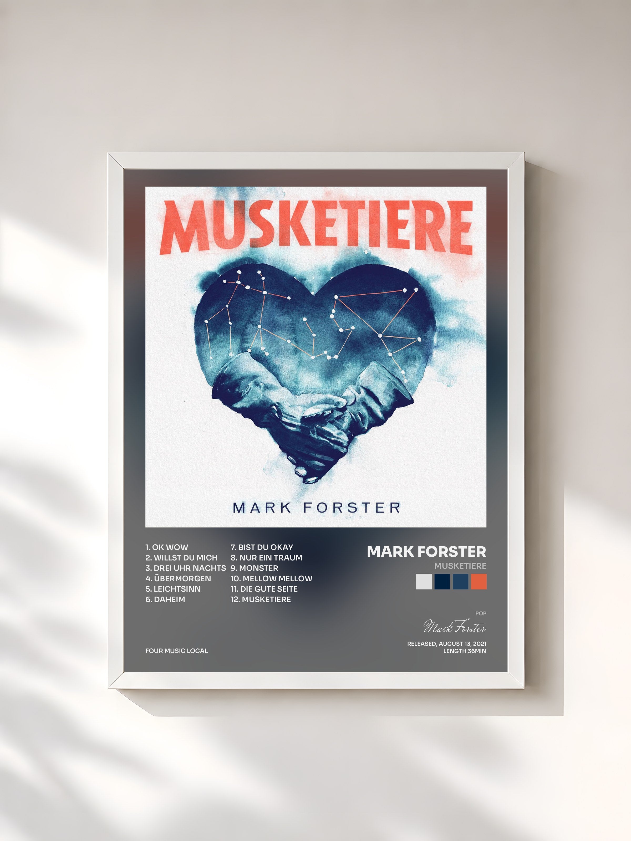 #blanc Tableau de l'album MUSKETIERE de Mark Forster, cadre blanc, imprimé et encadré en France
