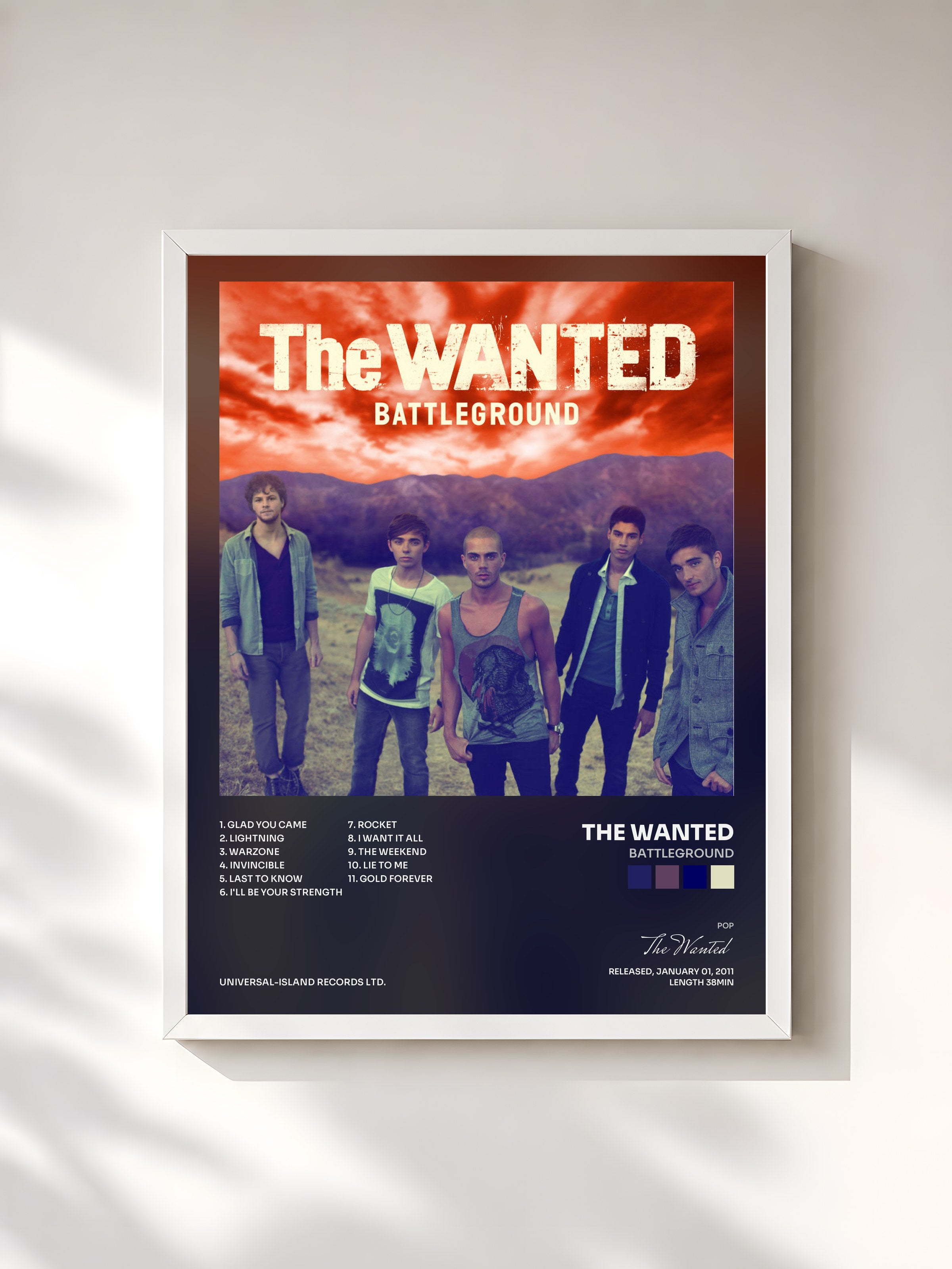 #blanc Tableau de l'album Battleground de The Wanted, cadre blanc, imprimé et encadré en France
