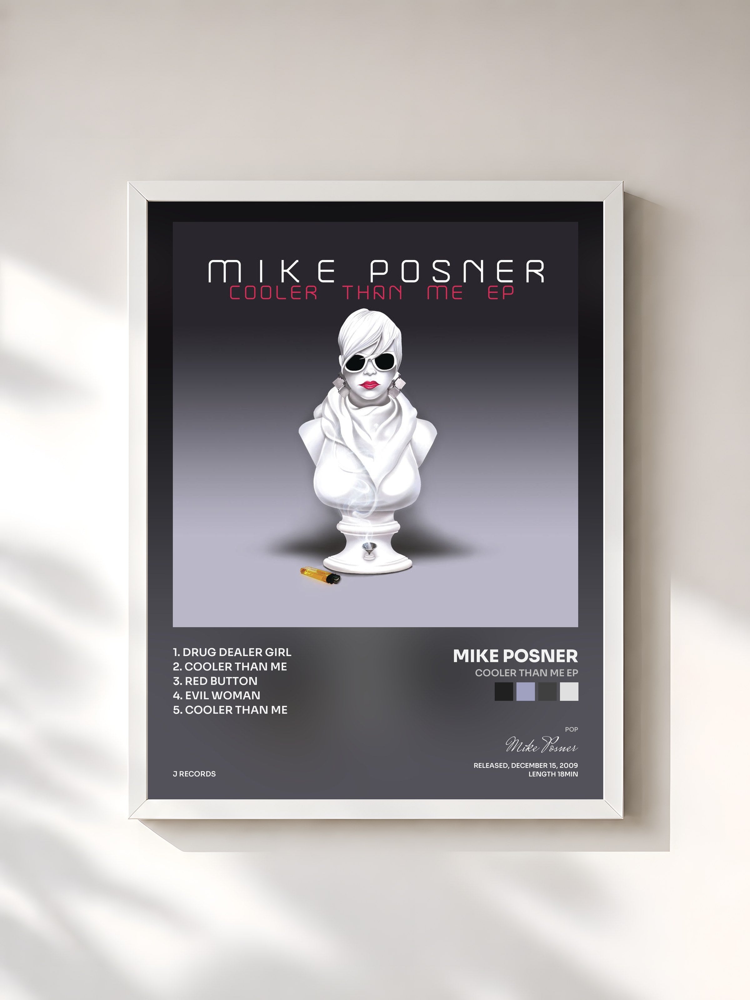 #blanc Tableau de l'album Cooler Than Me EP de Mike Posner, cadre blanc, imprimé et encadré en France