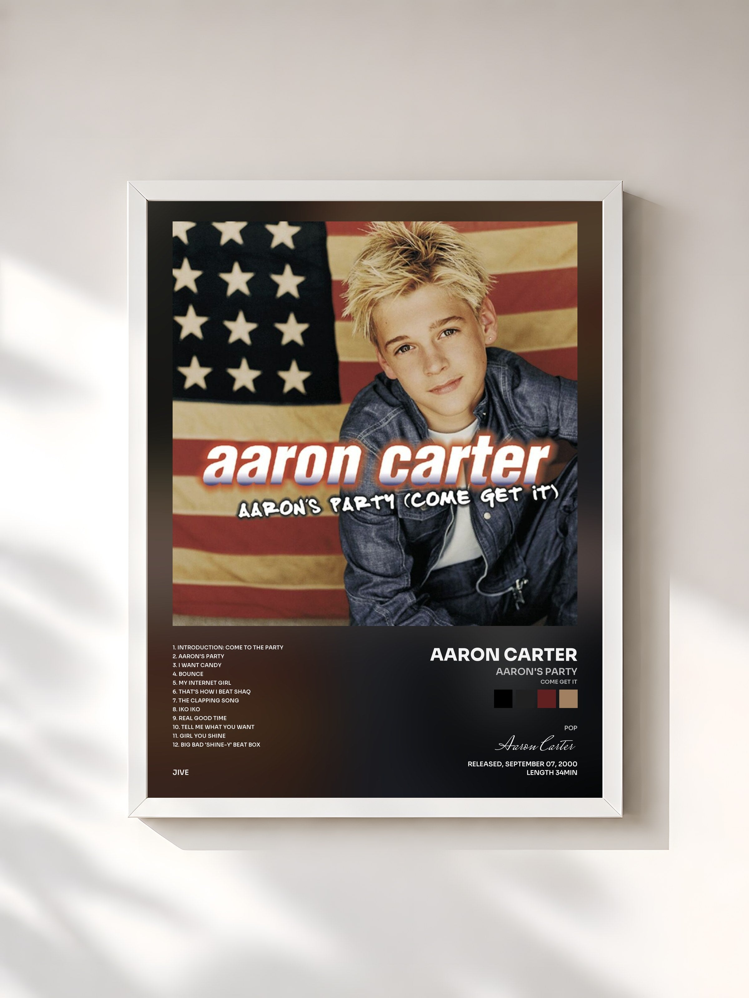 #blanc Tableau de l'album Aaron's Party (Come Get It) de Aaron Carter, cadre blanc, imprimé et encadré en France