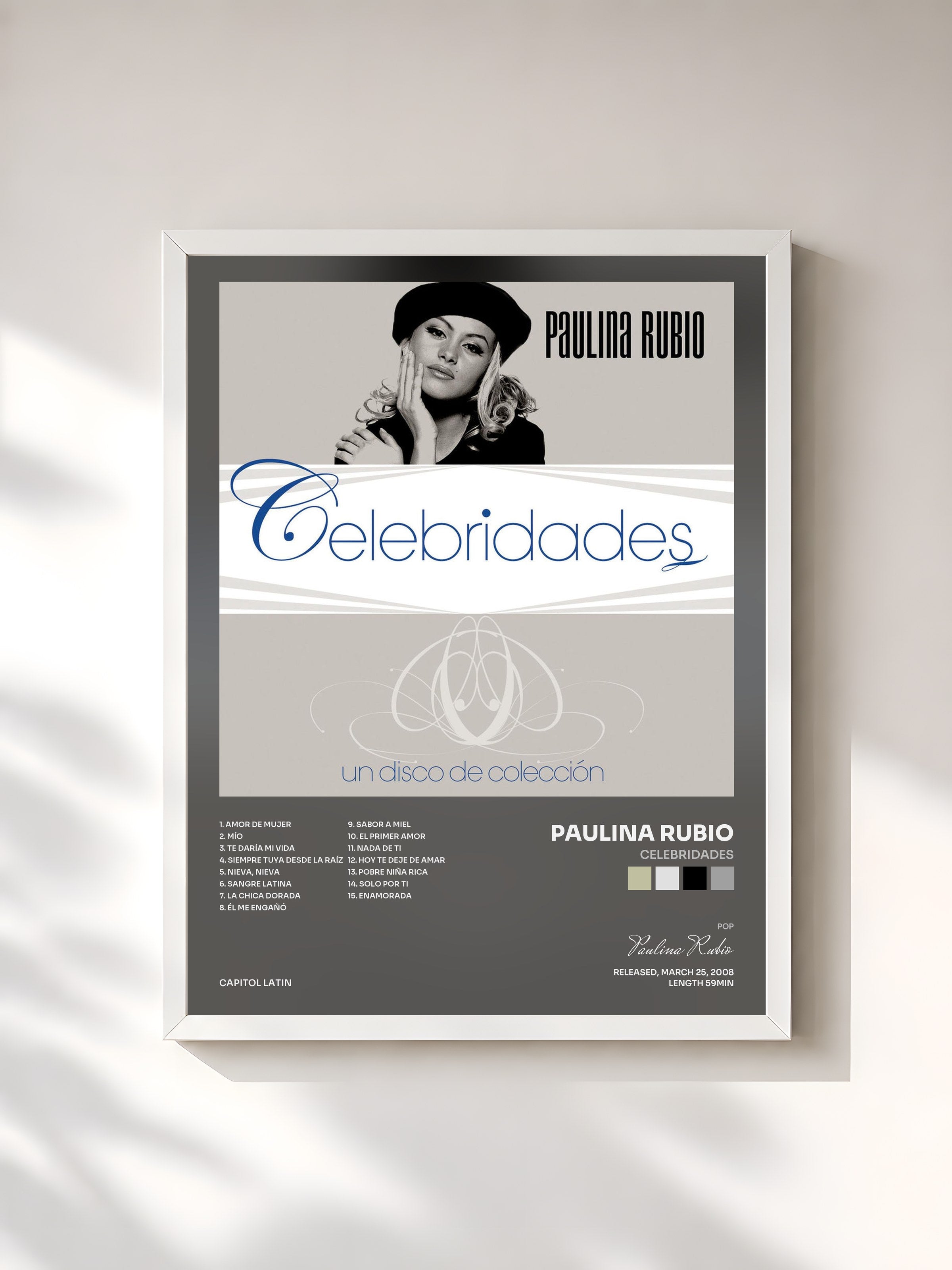 #blanc Tableau de l'album Celebridades de Paulina Rubio, cadre blanc, imprimé et encadré en France