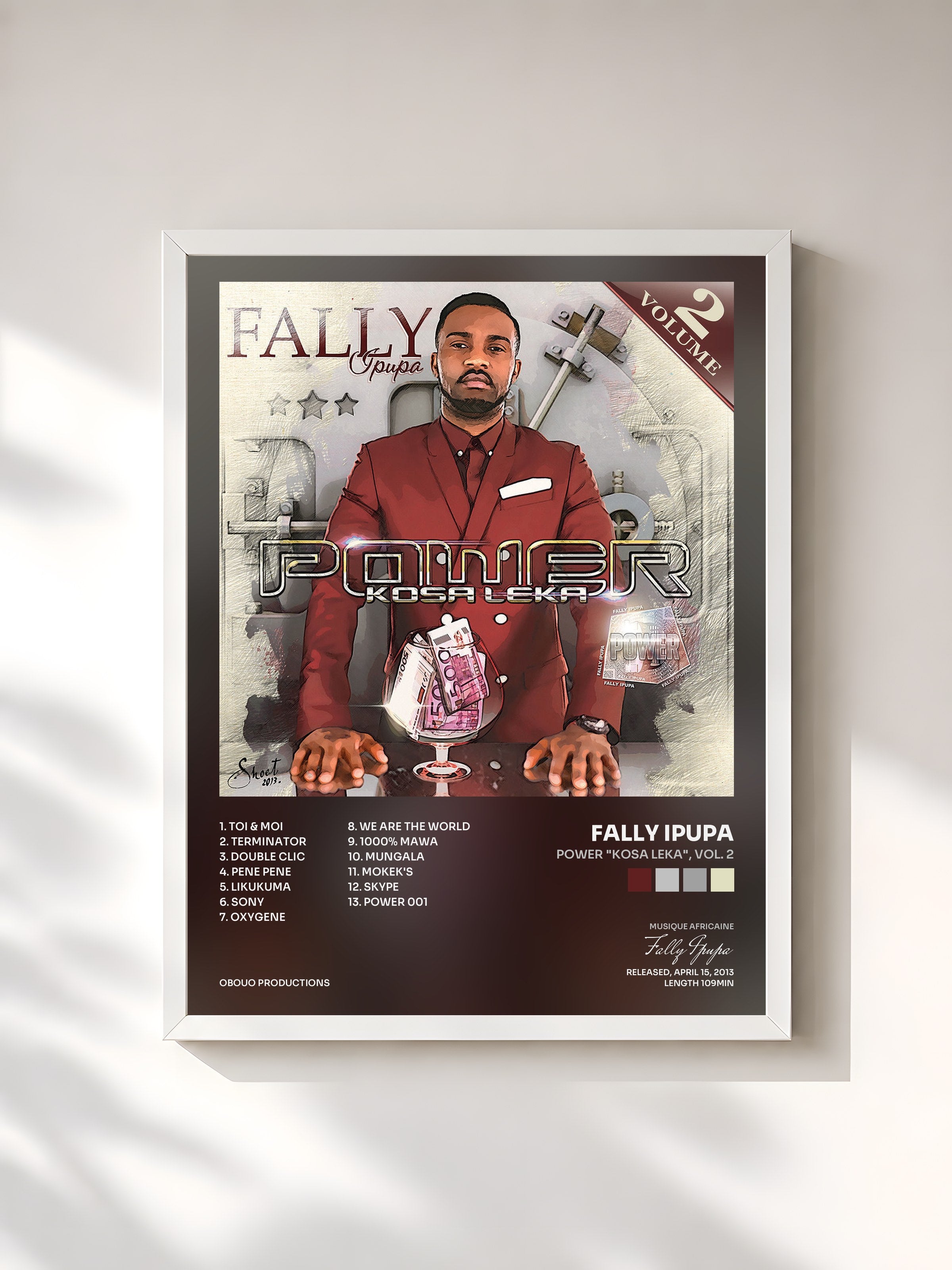 #blanc Tableau de l'album Power "Kosa Leka", Vol. 2 de Fally Ipupa, cadre blanc, imprimé et encadré en France