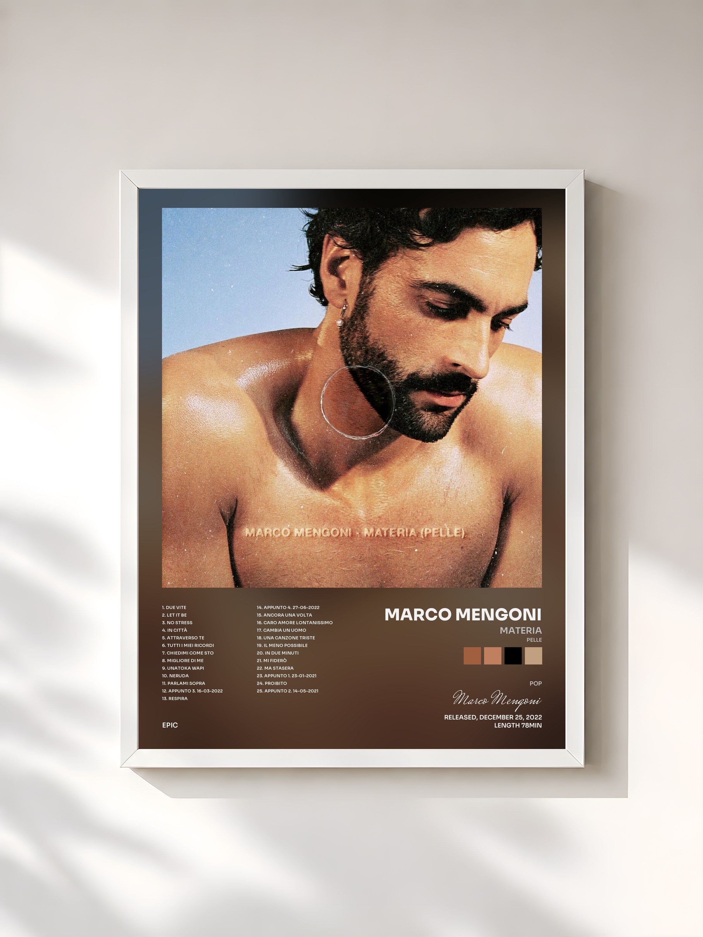 #blanc Tableau de l'album MATERIA (PELLE) de Marco Mengoni, cadre blanc, imprimé et encadré en France