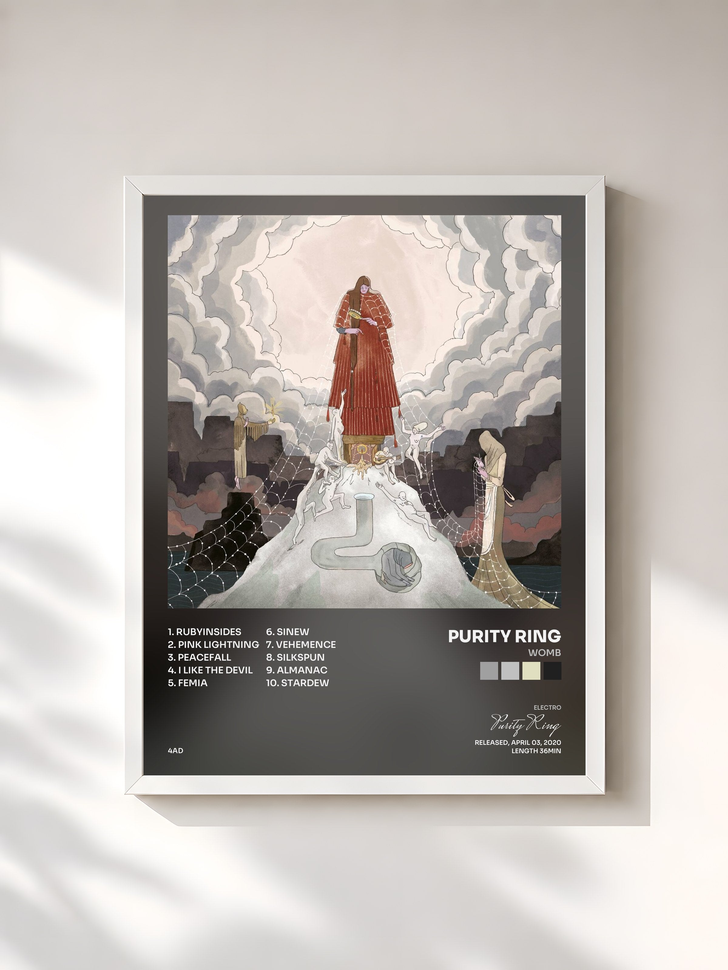 #blanc Tableau de l'album WOMB de Purity Ring, cadre blanc, imprimé et encadré en France