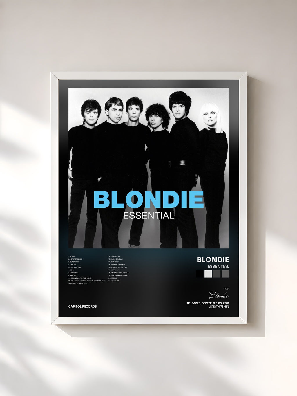 #blanc Tableau de l'album Essential de Blondie, cadre blanc, imprimé et encadré en France
