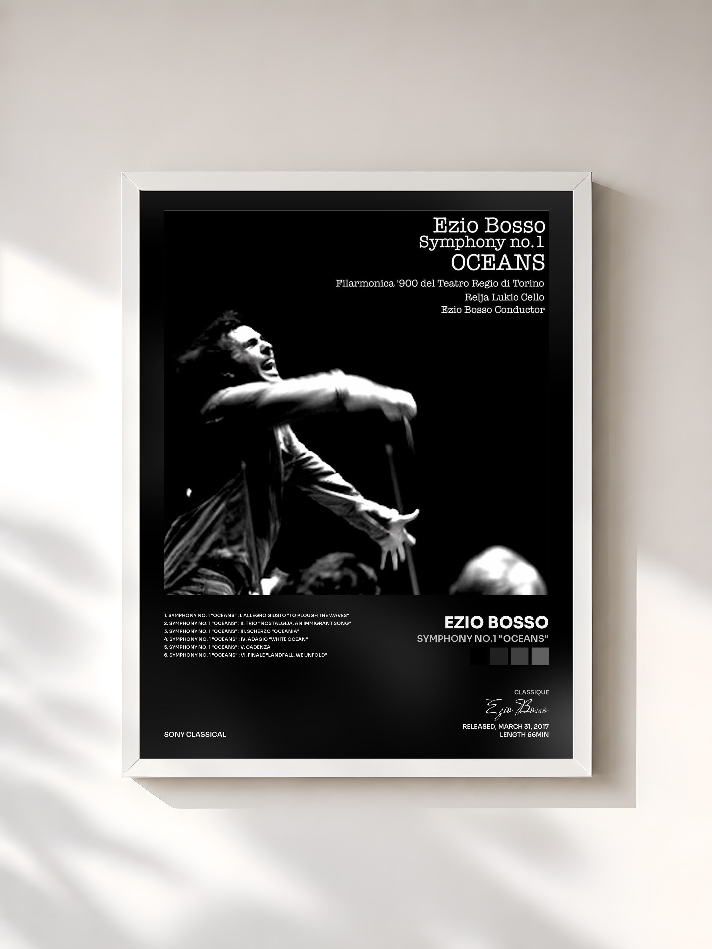 #blanc Tableau de l'album Symphony No.1 "Oceans" de Ezio Bosso, cadre blanc, imprimé et encadré en France