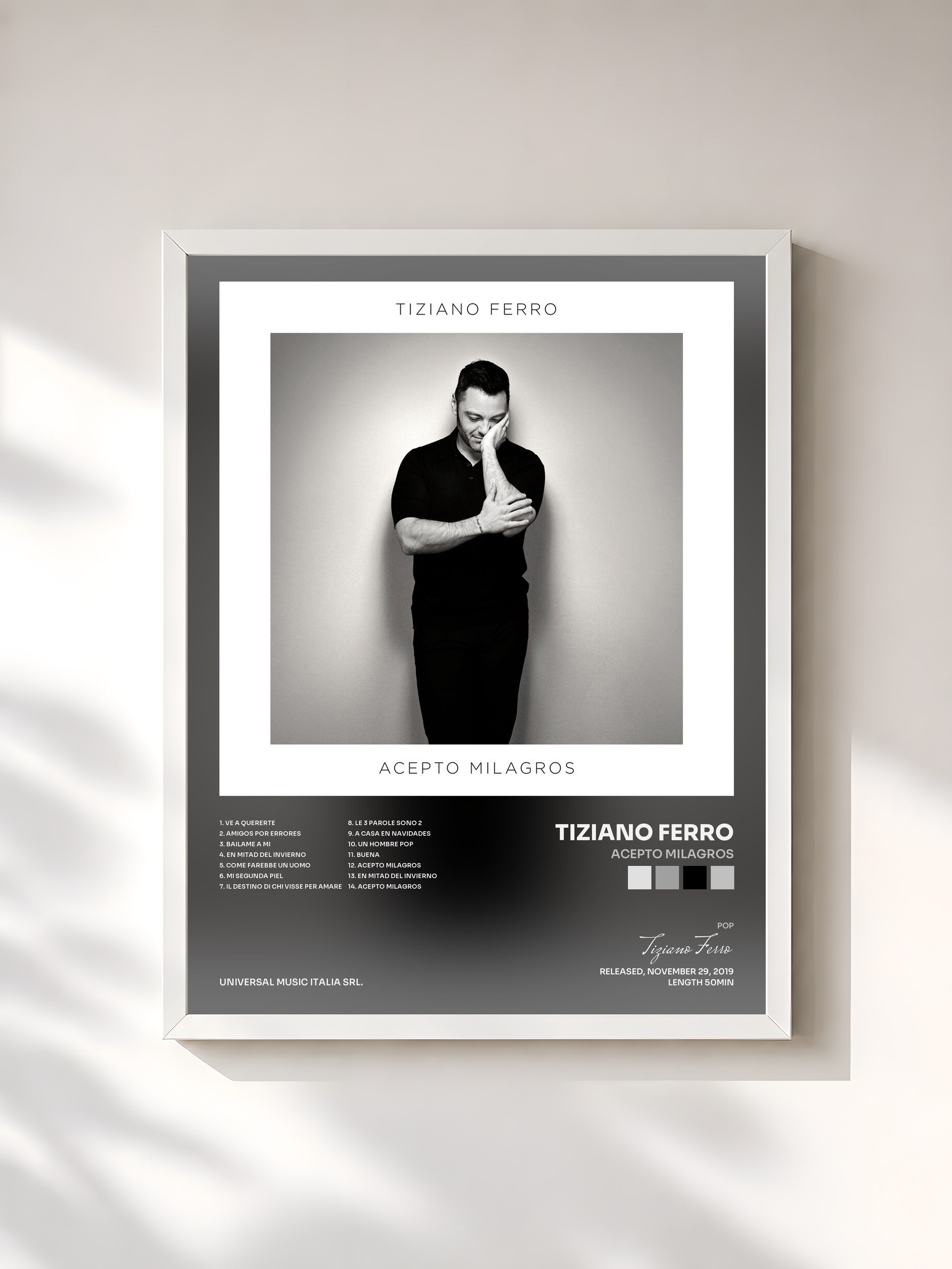 #blanc Tableau de l'album Acepto Milagros de Tiziano Ferro, cadre blanc, imprimé et encadré en France
