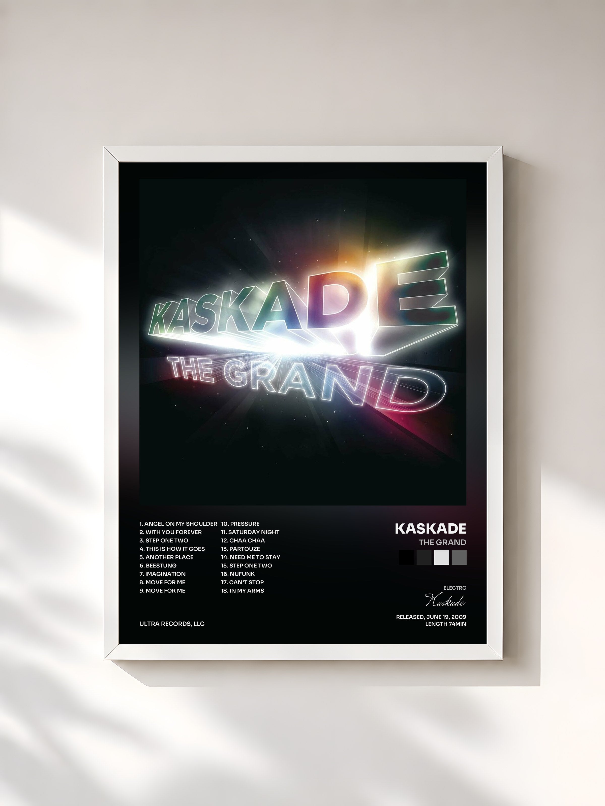 #blanc Tableau de l'album The Grand de Kaskade, cadre blanc, imprimé et encadré en France