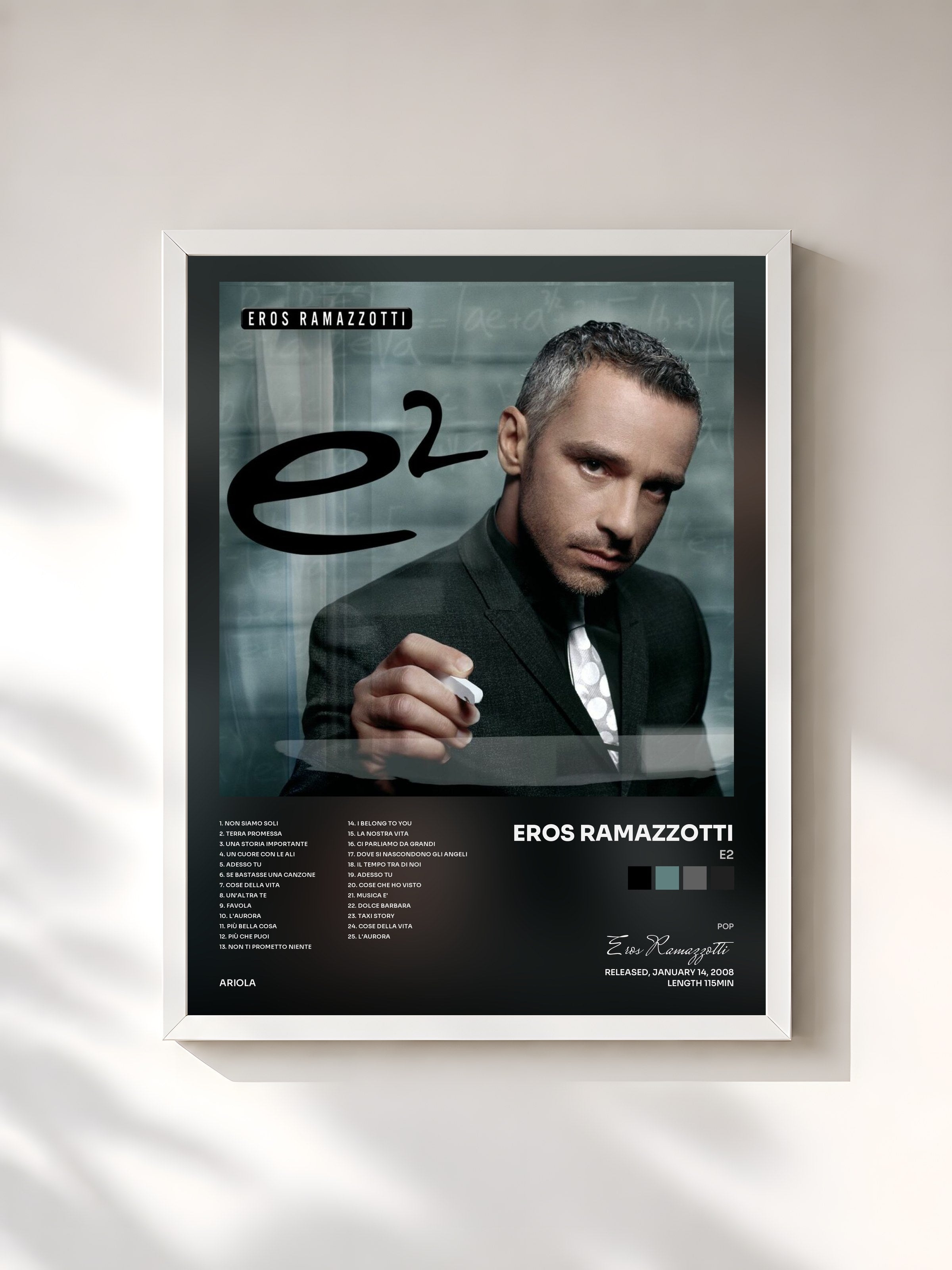 #blanc Tableau de l'album E2 de Eros Ramazzotti, cadre blanc, imprimé et encadré en France