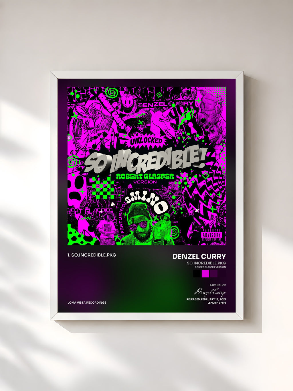 #blanc So.Incredible.pkg (Robert Glasper Version) by Denzel Curry as a framed art print, white frame, printed and framed in France