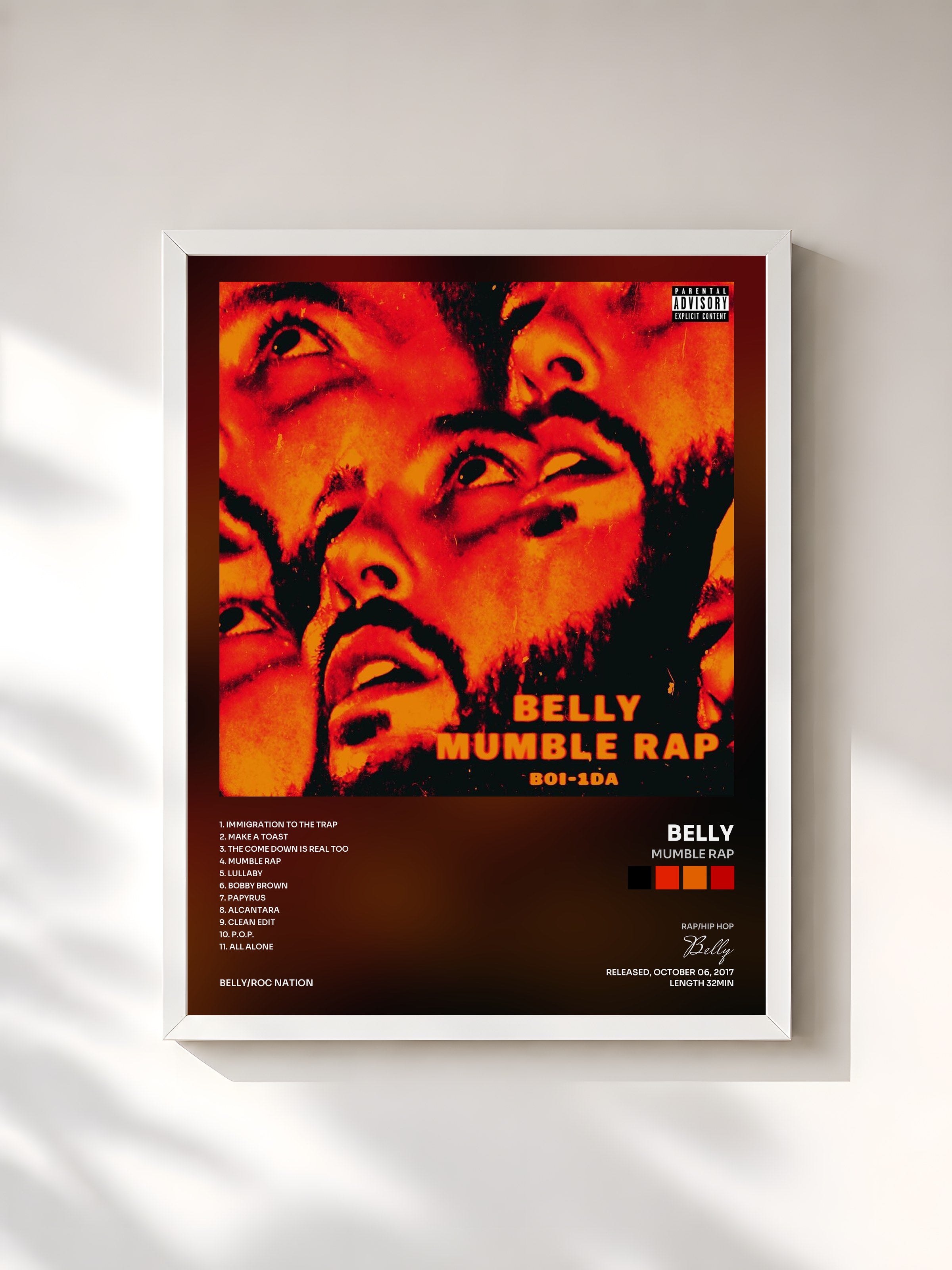 #blanc Tableau de l'album Mumble Rap de Belly, cadre blanc, imprimé et encadré en France