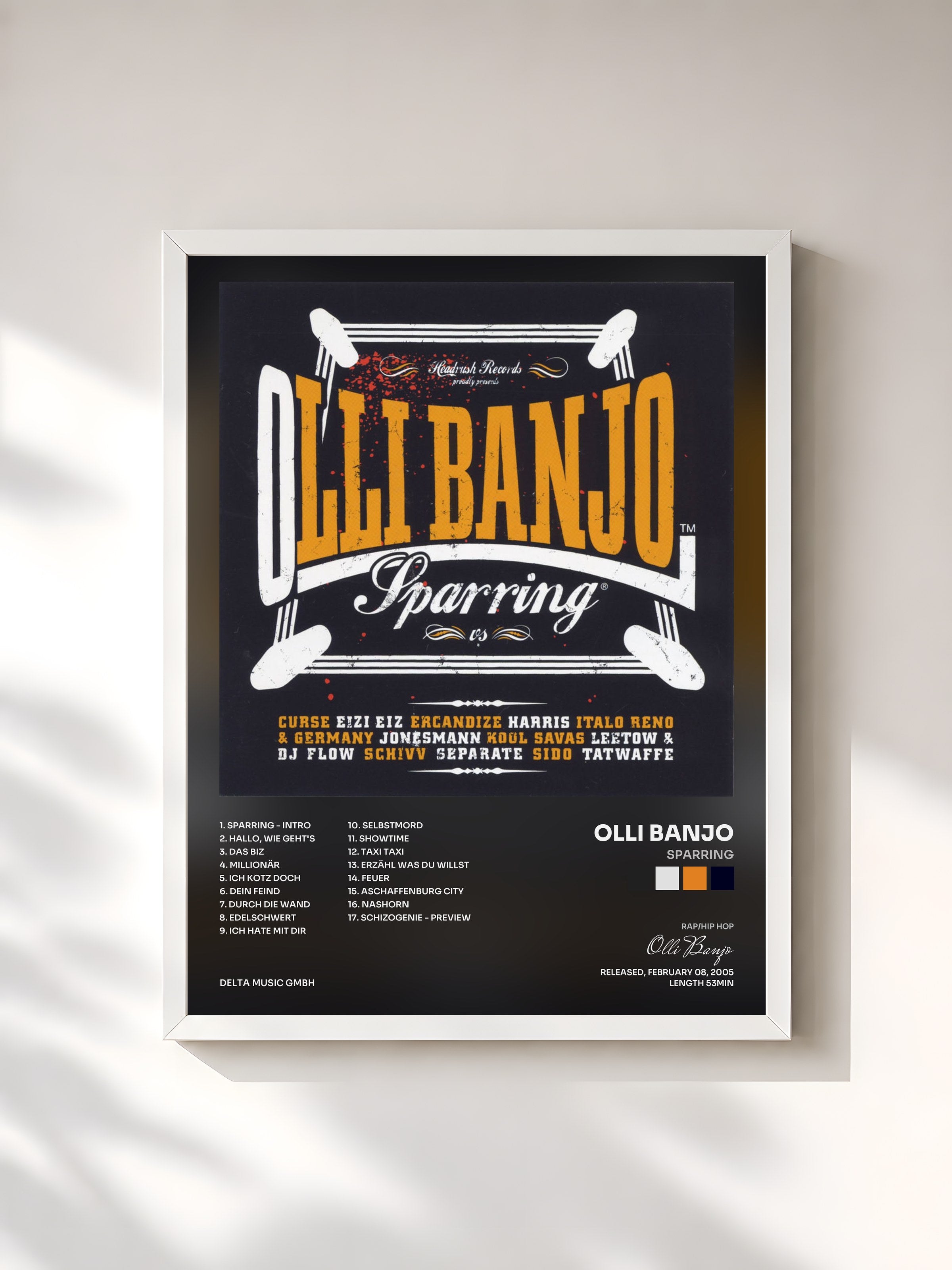 #blanc Tableau de l'album Sparring de Olli Banjo, cadre blanc, imprimé et encadré en France
