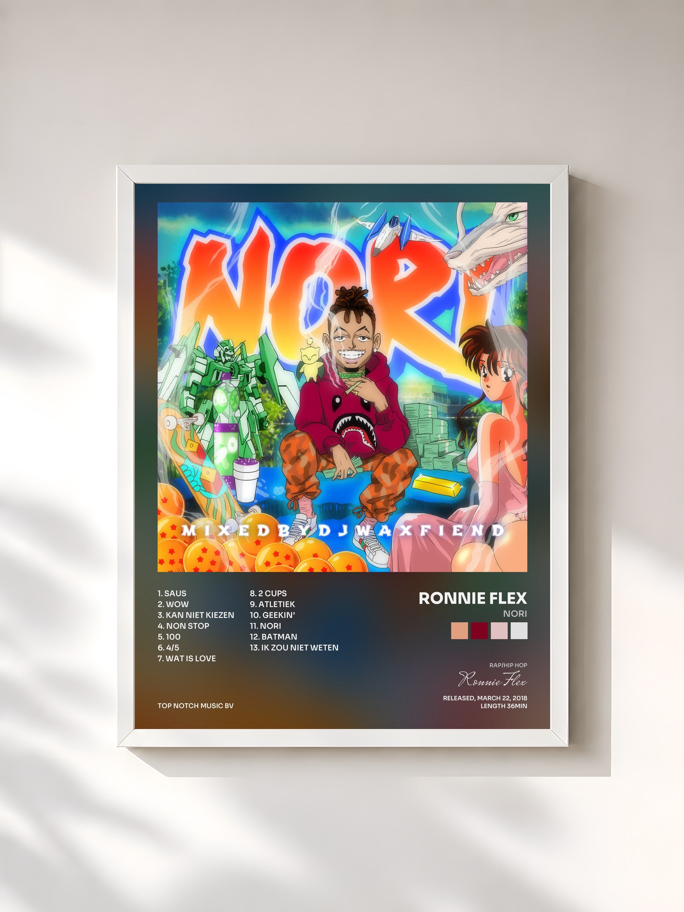 #blanc Tableau de l'album NORI de Ronnie Flex, cadre blanc, imprimé et encadré en France