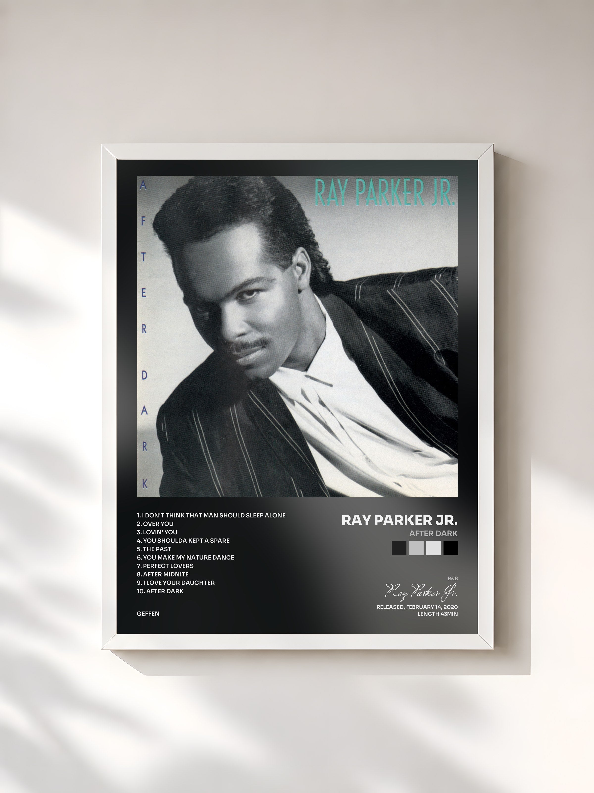 #blanc Tableau de l'album After Dark de Ray Parker Jr., cadre blanc, imprimé et encadré en France