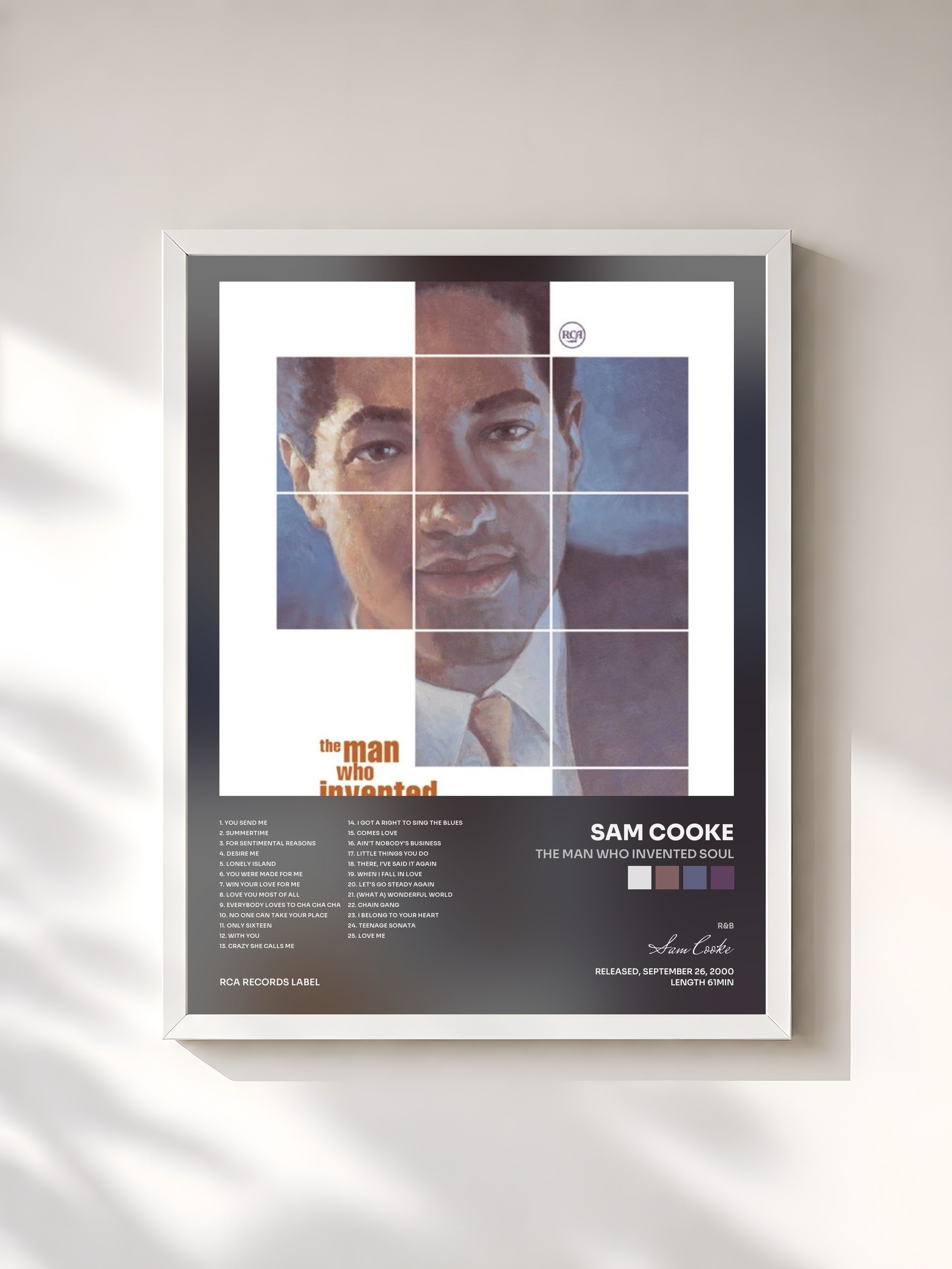 #blanc Tableau de l'album The Man Who Invented Soul de Sam Cooke, cadre blanc, imprimé et encadré en France