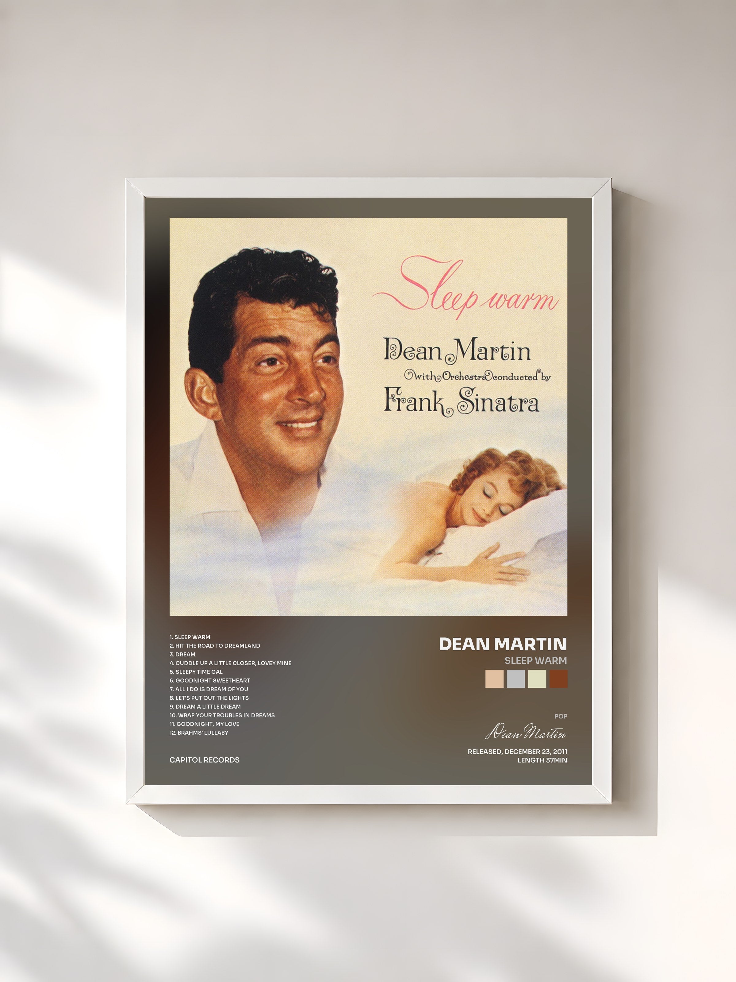 #blanc Tableau de l'album Sleep Warm de Dean Martin, cadre blanc, imprimé et encadré en France