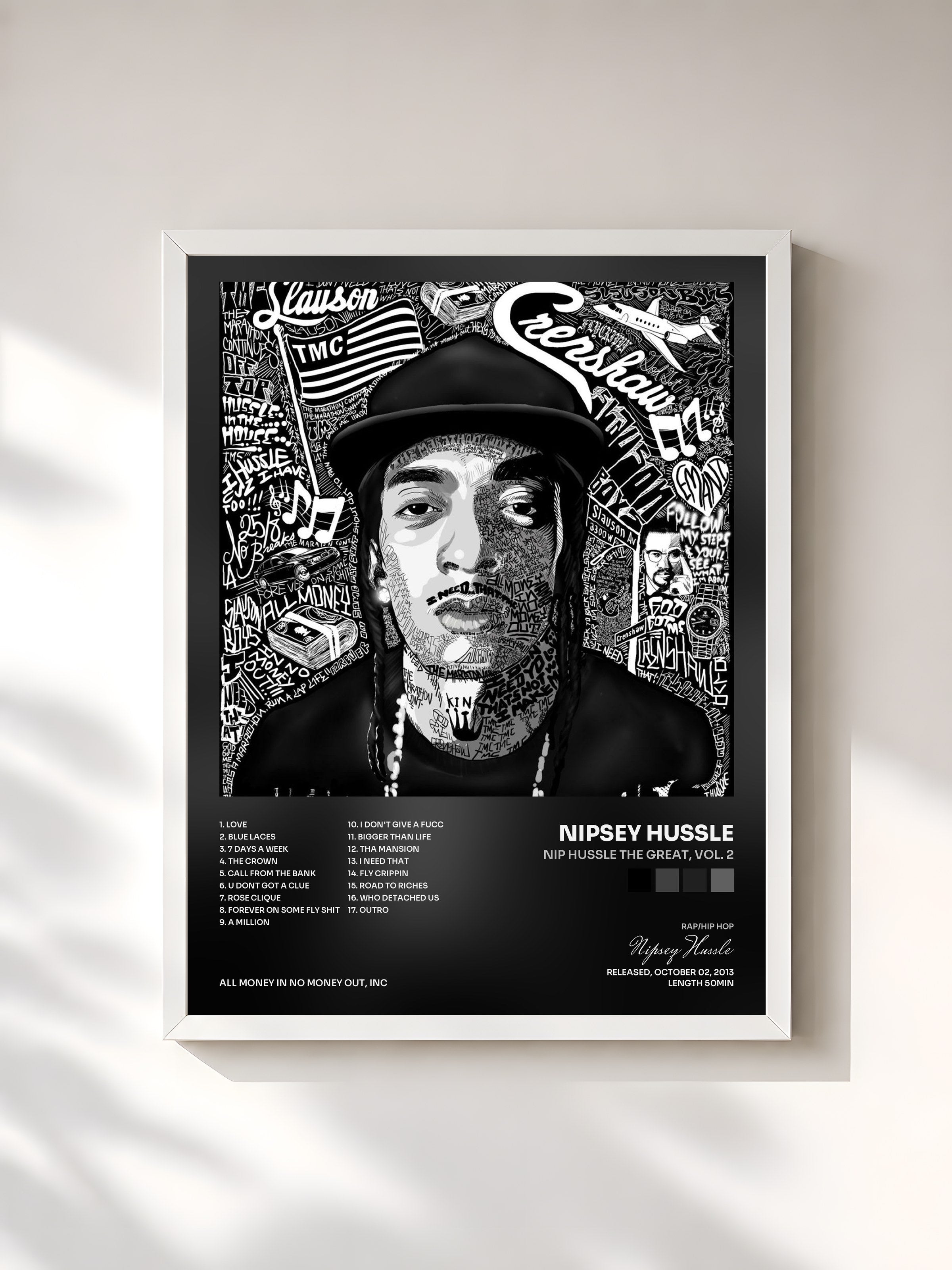 #blanc Tableau de l'album Nip Hussle the Great, Vol. 2 de Nipsey Hussle, cadre blanc, imprimé et encadré en France