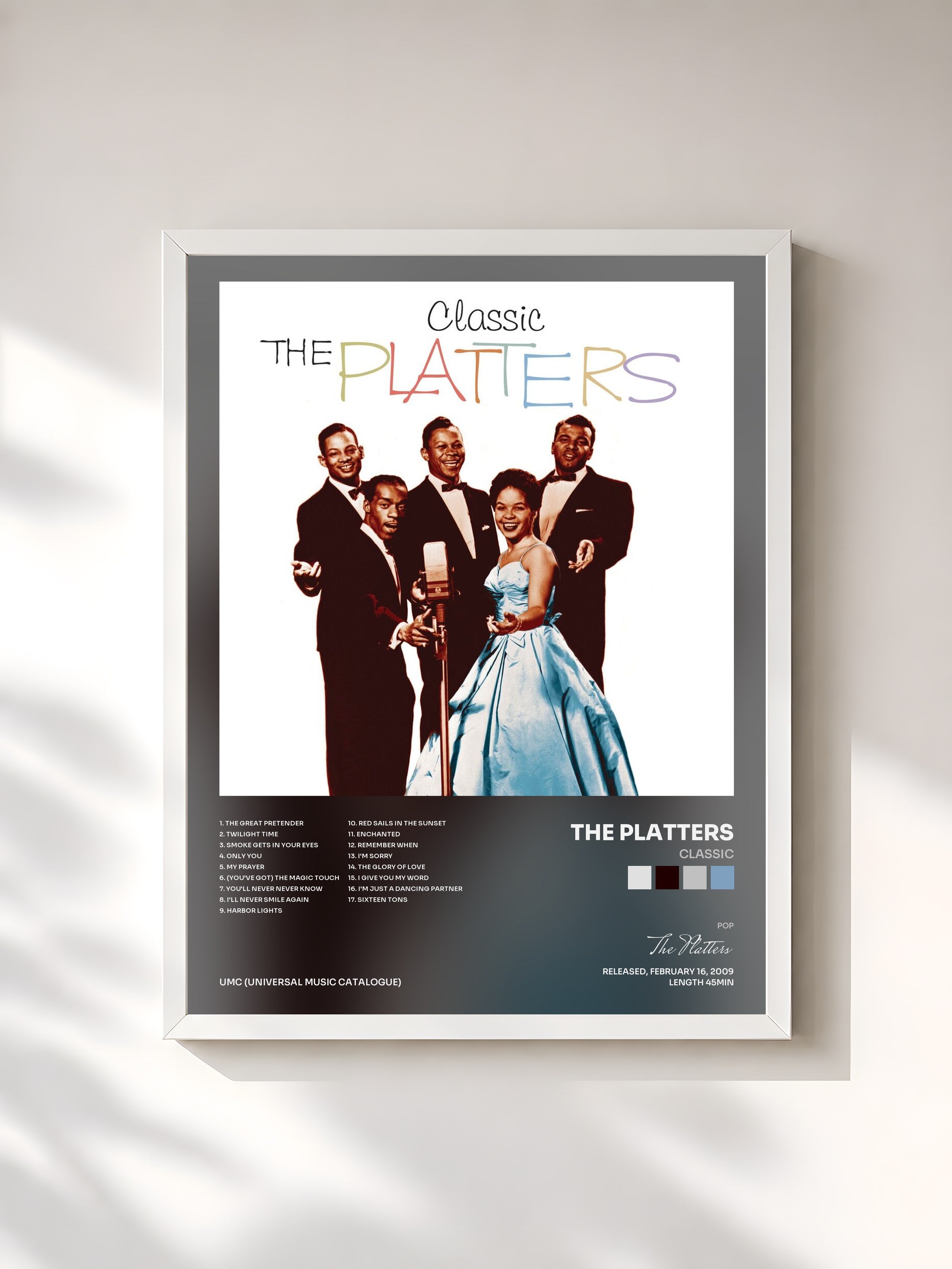 #blanc Tableau de l'album Classic de The Platters, cadre blanc, imprimé et encadré en France
