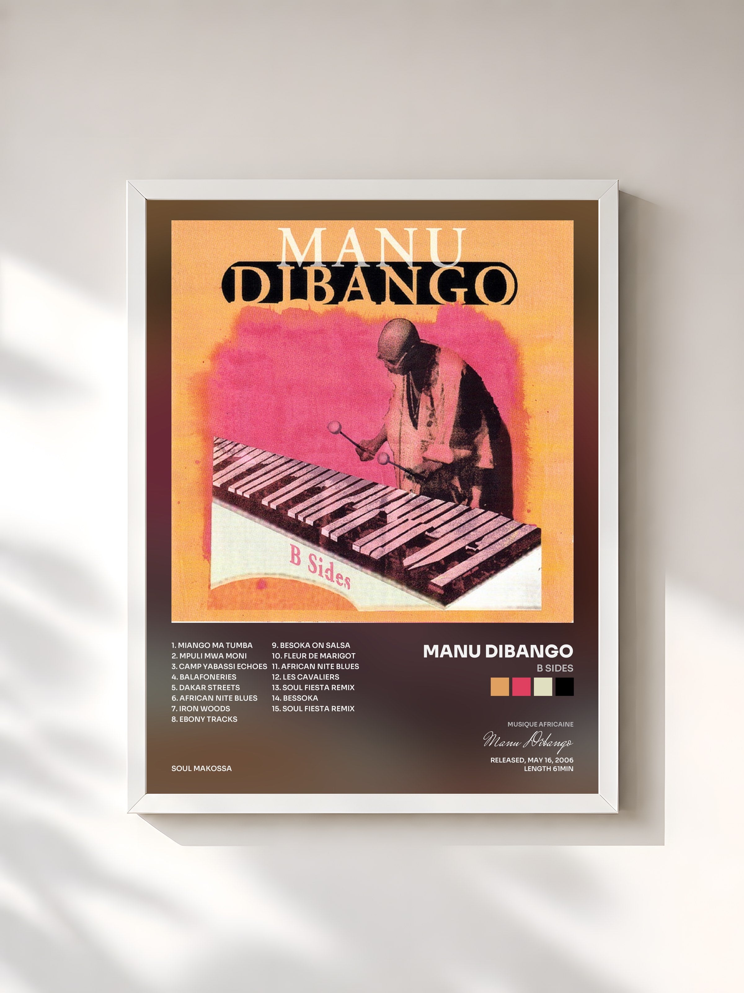 #blanc Tableau de l'album B Sides de Manu Dibango, cadre blanc, imprimé et encadré en France